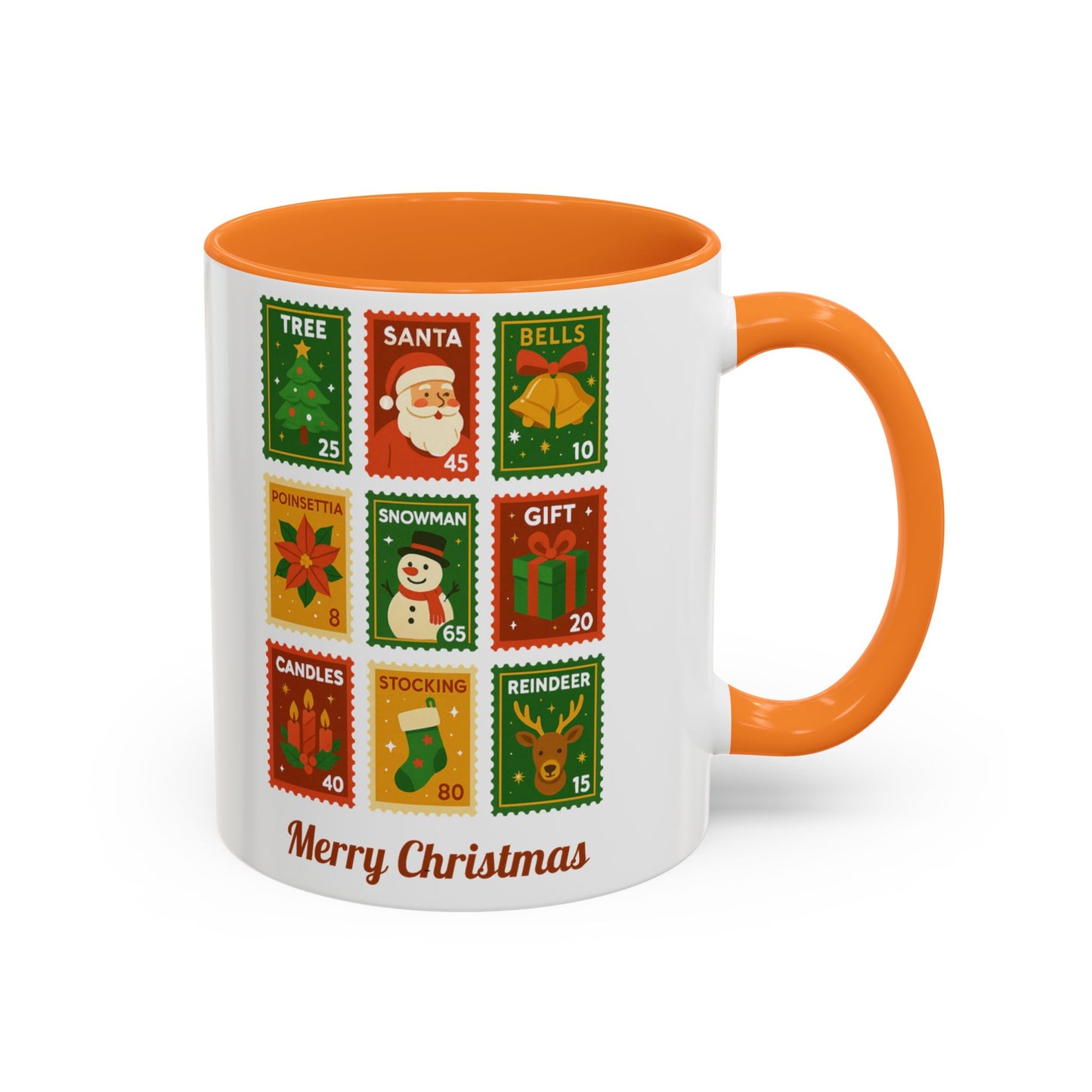 Colorful Holiday Stamp Mug, Festive Mug, Hot Cocoa Mug, Gift for Her, Secret Santa Gift, Stamp Collector, Christmas Mug