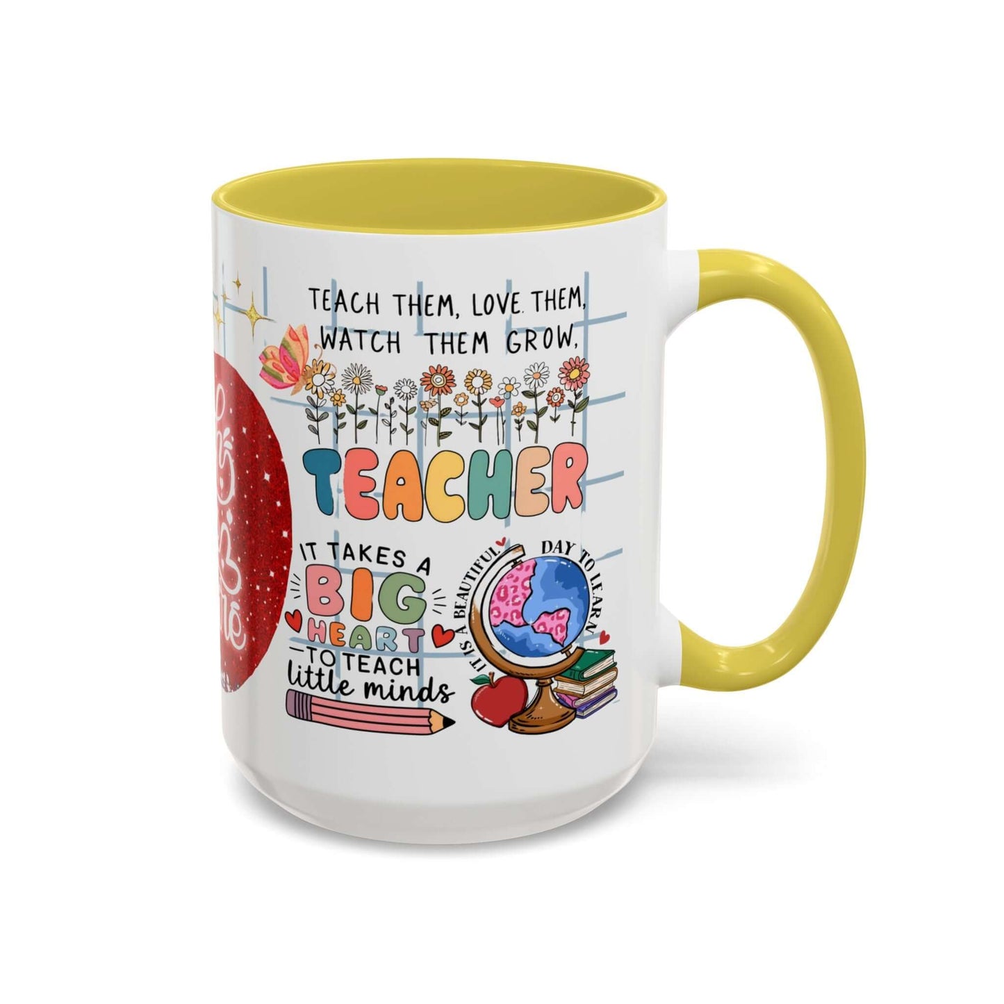Colorful Teacher Appreciation Coffee Mug featuring inspiring quotes and illustrations, perfect gift for educators.