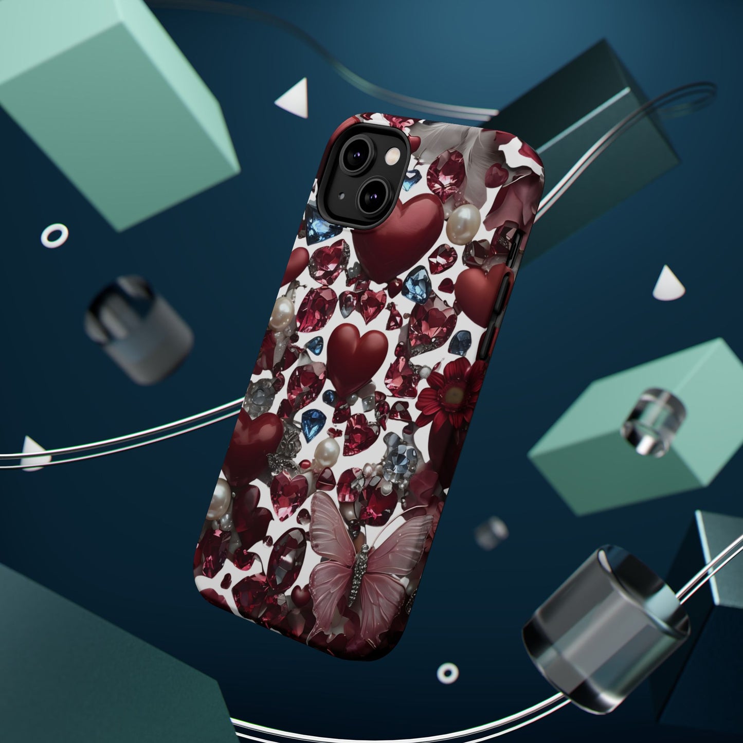 Romantic Floral Hearts Magnetic Tough iPhone Case -  Durable Phone Case for Gifts, Valentine's Day, Birthday, Anniversary, Cute Accessories