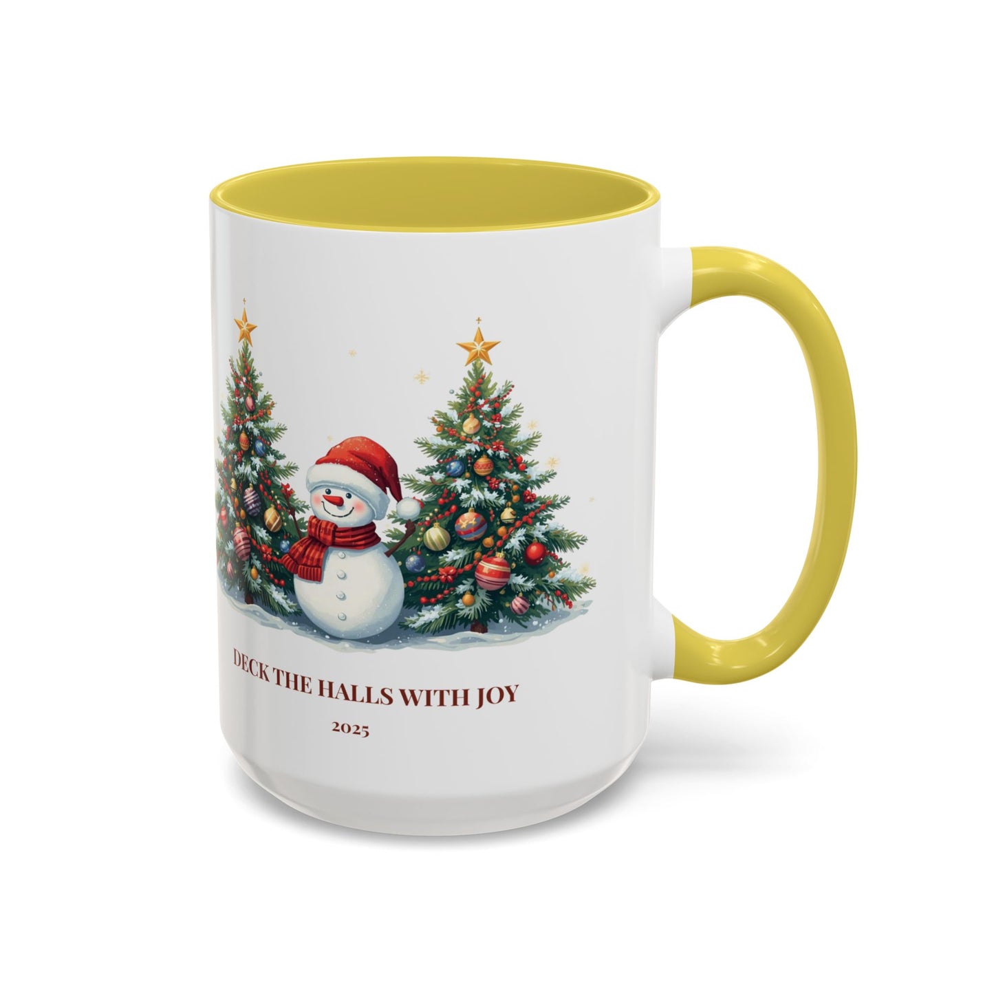 Christmas snowman mug with festive tree design, perfect for holiday drinks and cozy moments.
