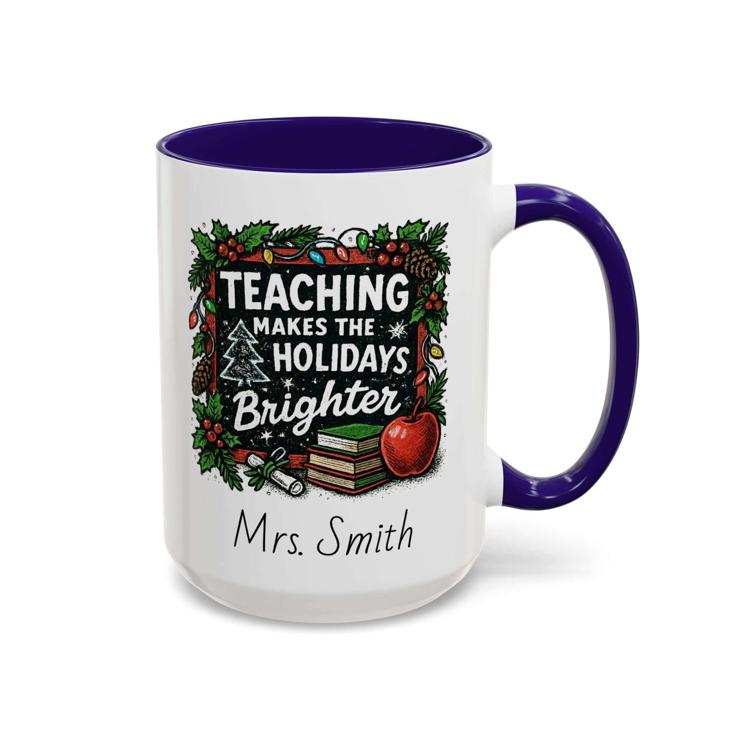 Personalized teacher holiday mug with festive design, marshmallows, and candy cane for a joyful gift.