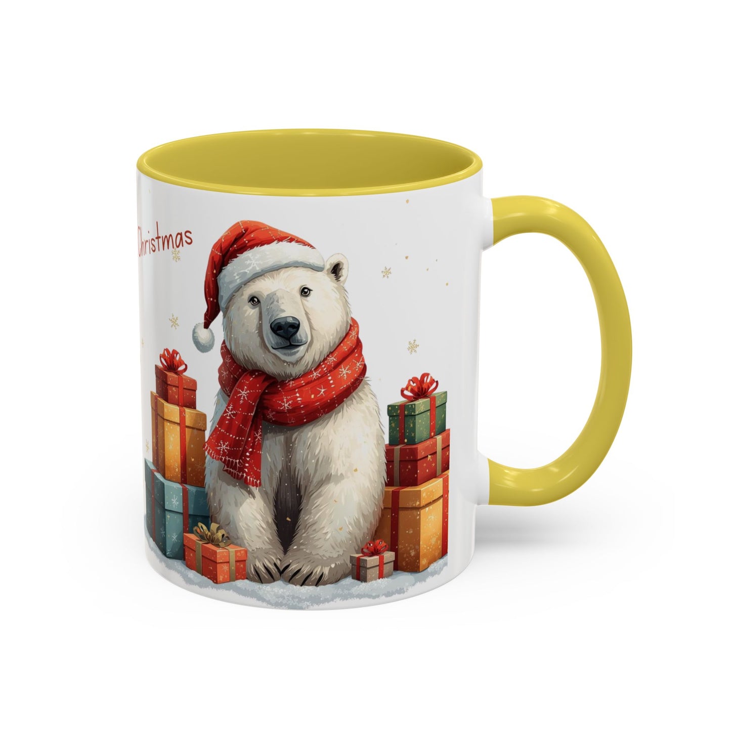 Cute Polar Bear Christmas mug with a red scarf and Santa hat, surrounded by colorful gift boxes.