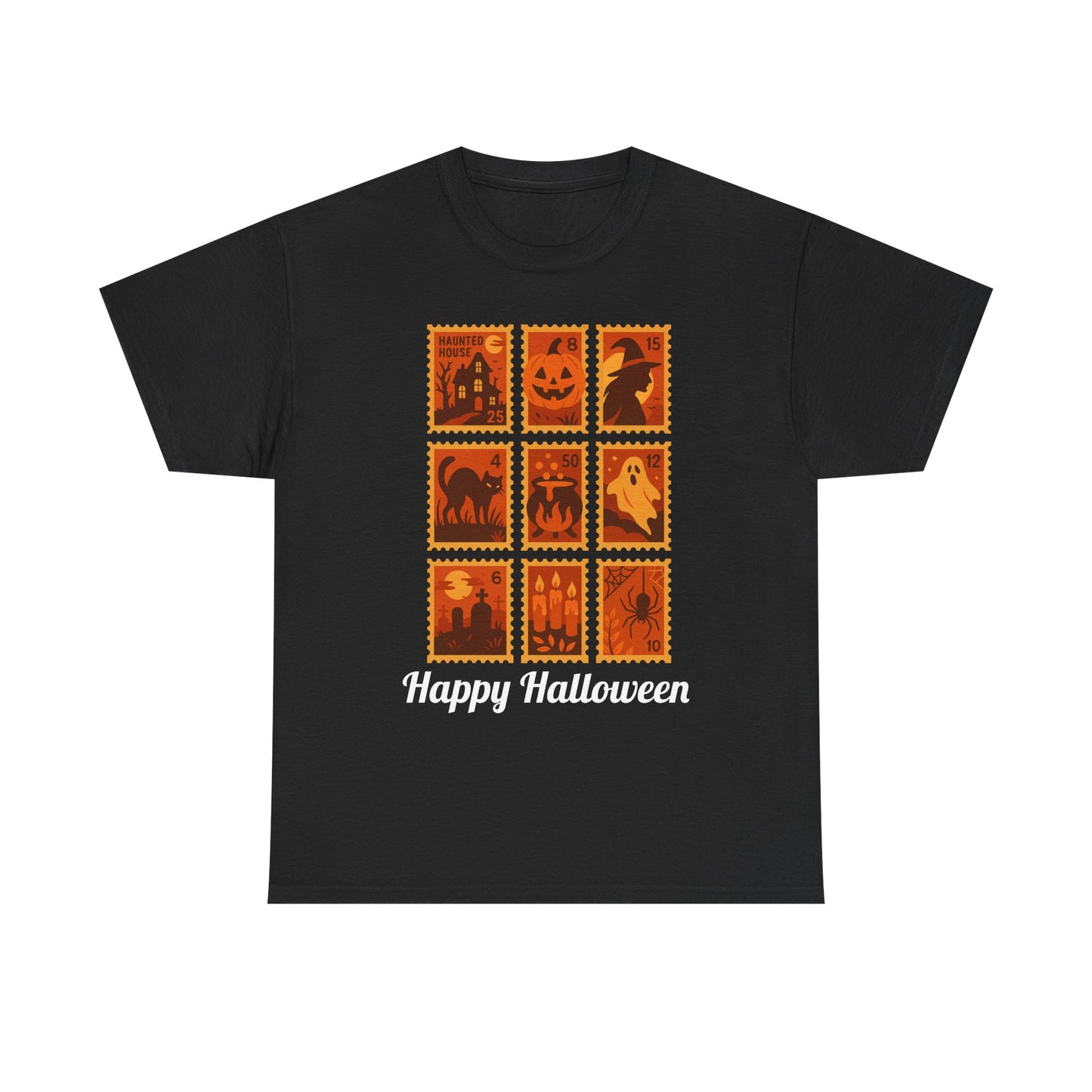  Halloween postage stamp t-shirt featuring spooky designs and 'Happy Halloween' text, perfect for fall fashion.