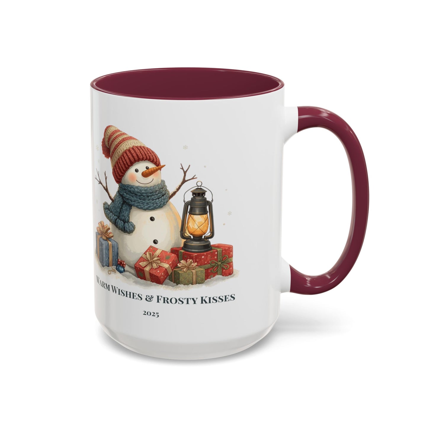 Snowman coffee mug with warm wishes and frosty kisses message, featuring a cheerful snowman and lantern design.