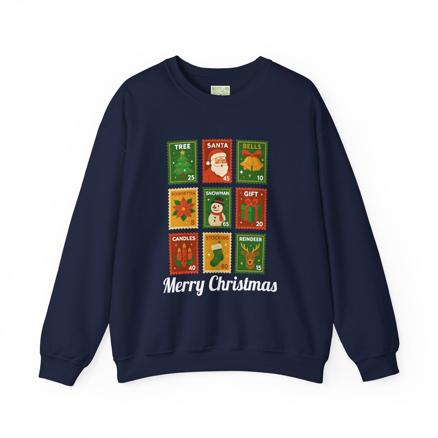 Postage stamp Christmas sweater in forest green featuring holiday designs and 'Merry Christmas' text