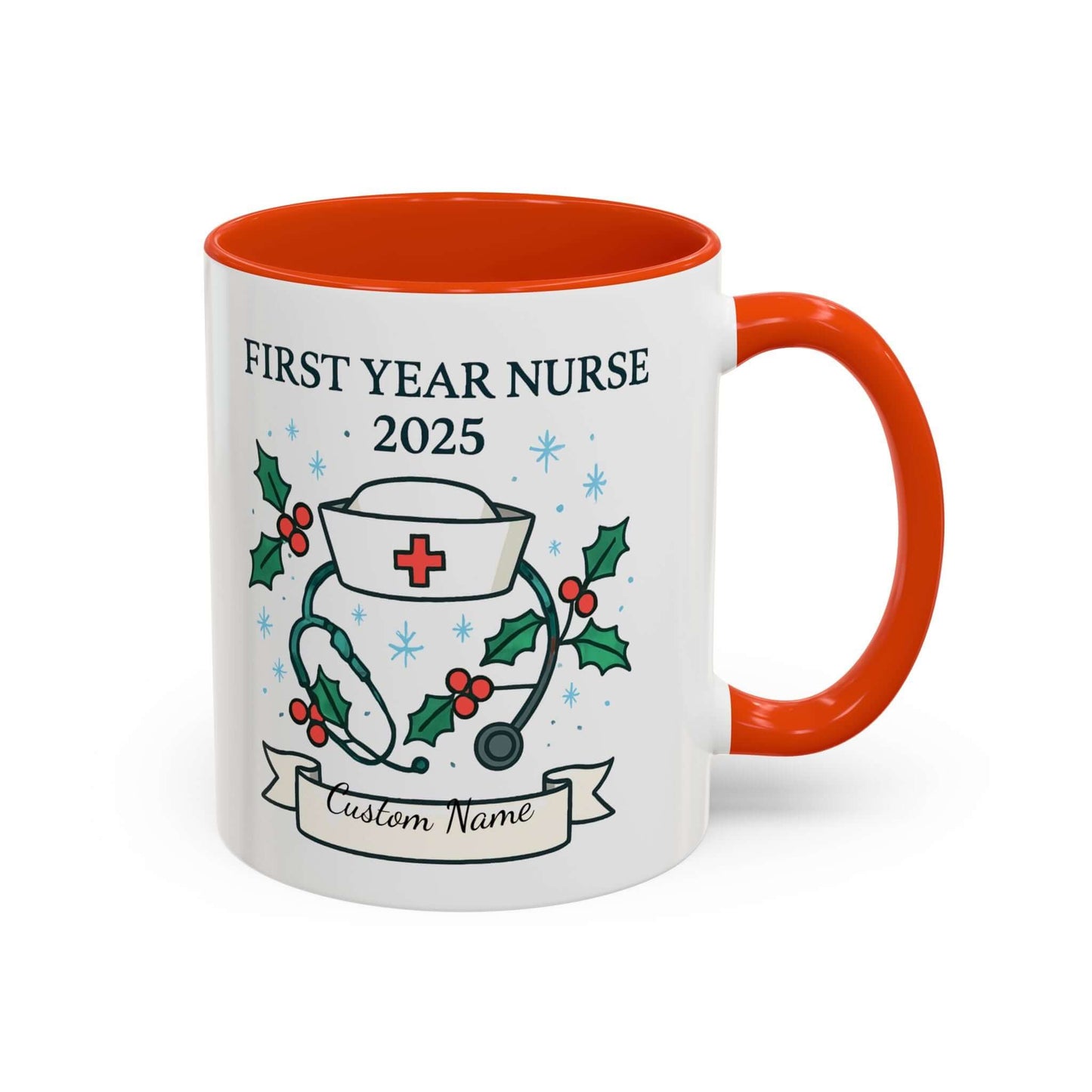 Personalized first year nurse mug with festive design and customizable name for 2025 graduation.