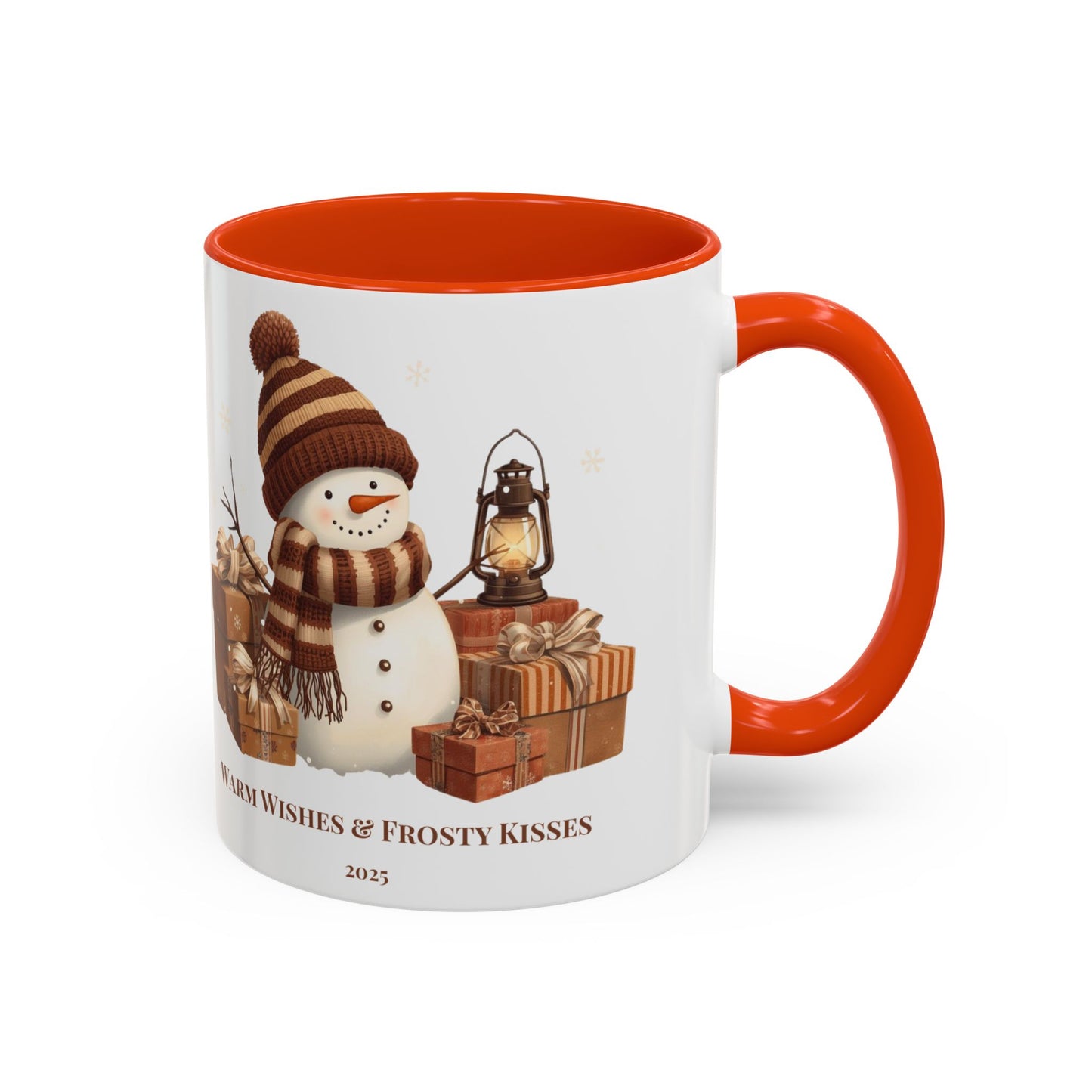 Snowman coffee mug featuring a festive design with gifts and the message 'Warm Wishes & Frosty Kisses'