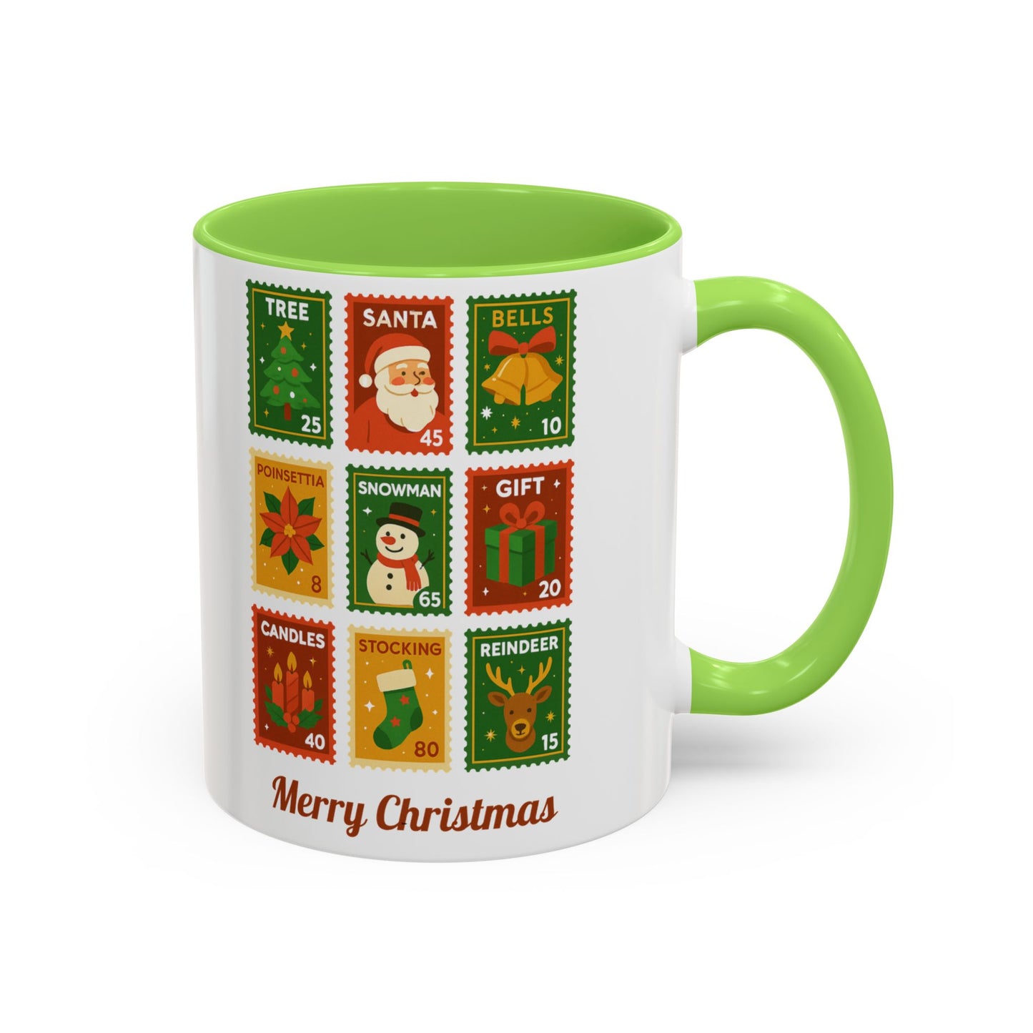 Colorful Holiday Stamp Mug, Festive Mug, Hot Cocoa Mug, Gift for Her, Secret Santa Gift, Stamp Collector, Christmas Mug