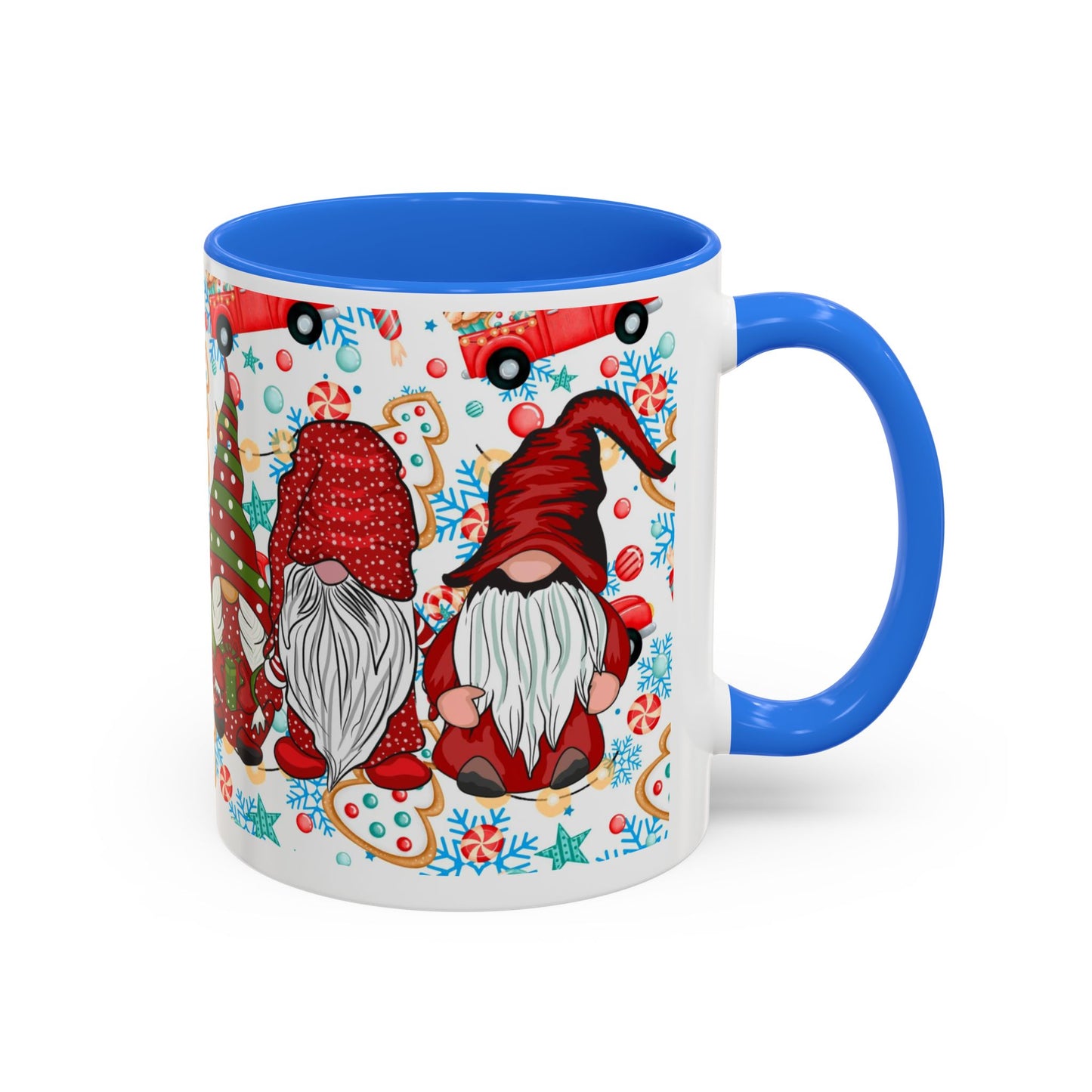 Festive Christmas gnome coffee mug with gingerbread design and snowflakes, perfect for holiday enjoyment.