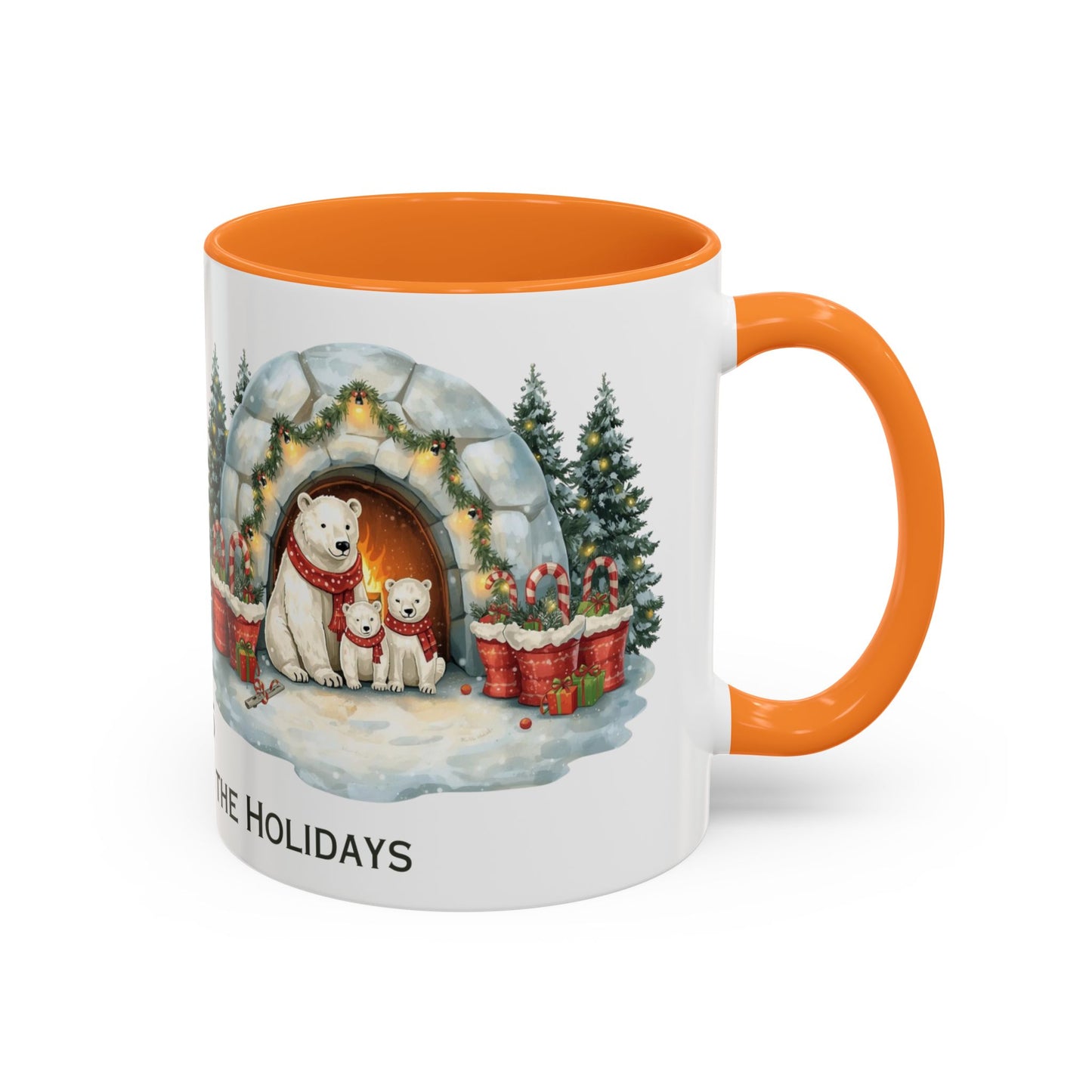 Polar Bear Christmas Mug featuring an igloo family scene with trees and holiday decorations.