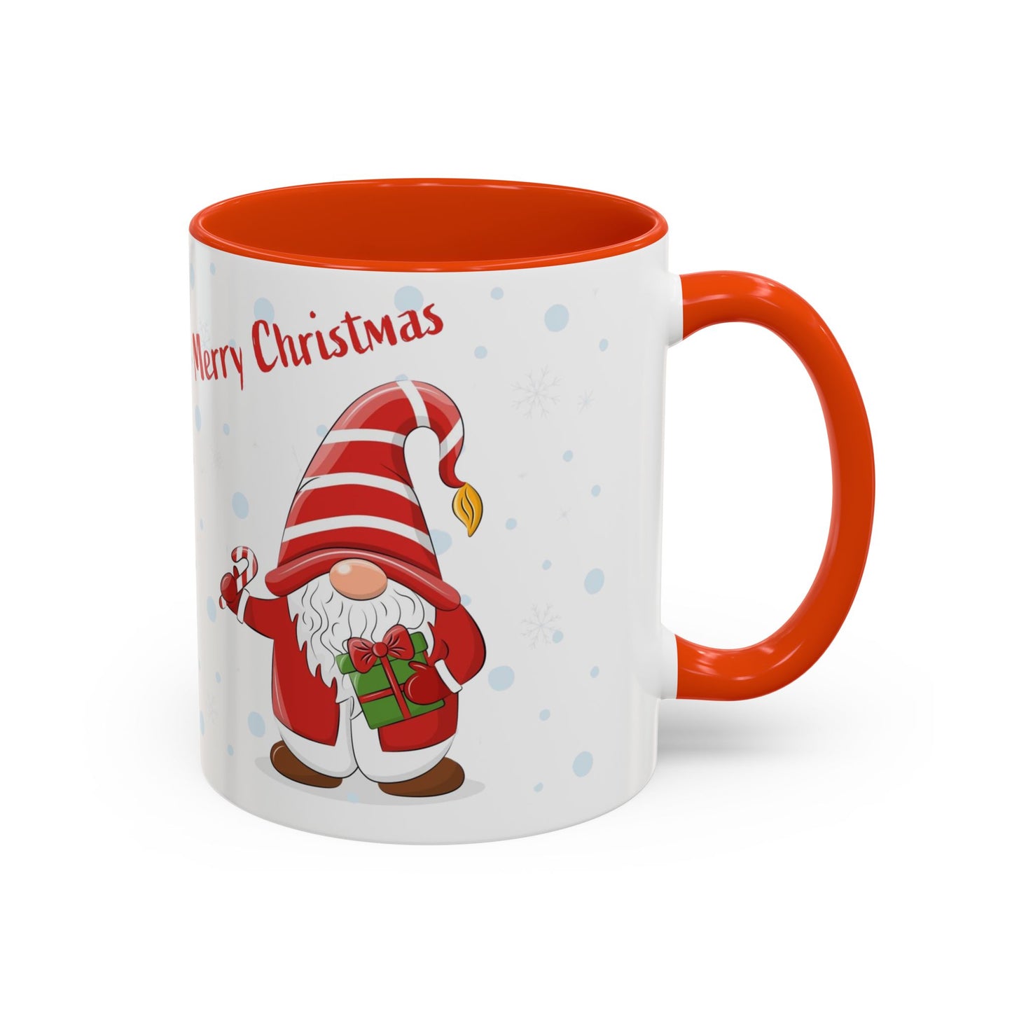 Merry Christmas gnome mug with candy cane and gift design, perfect for holiday beverages.