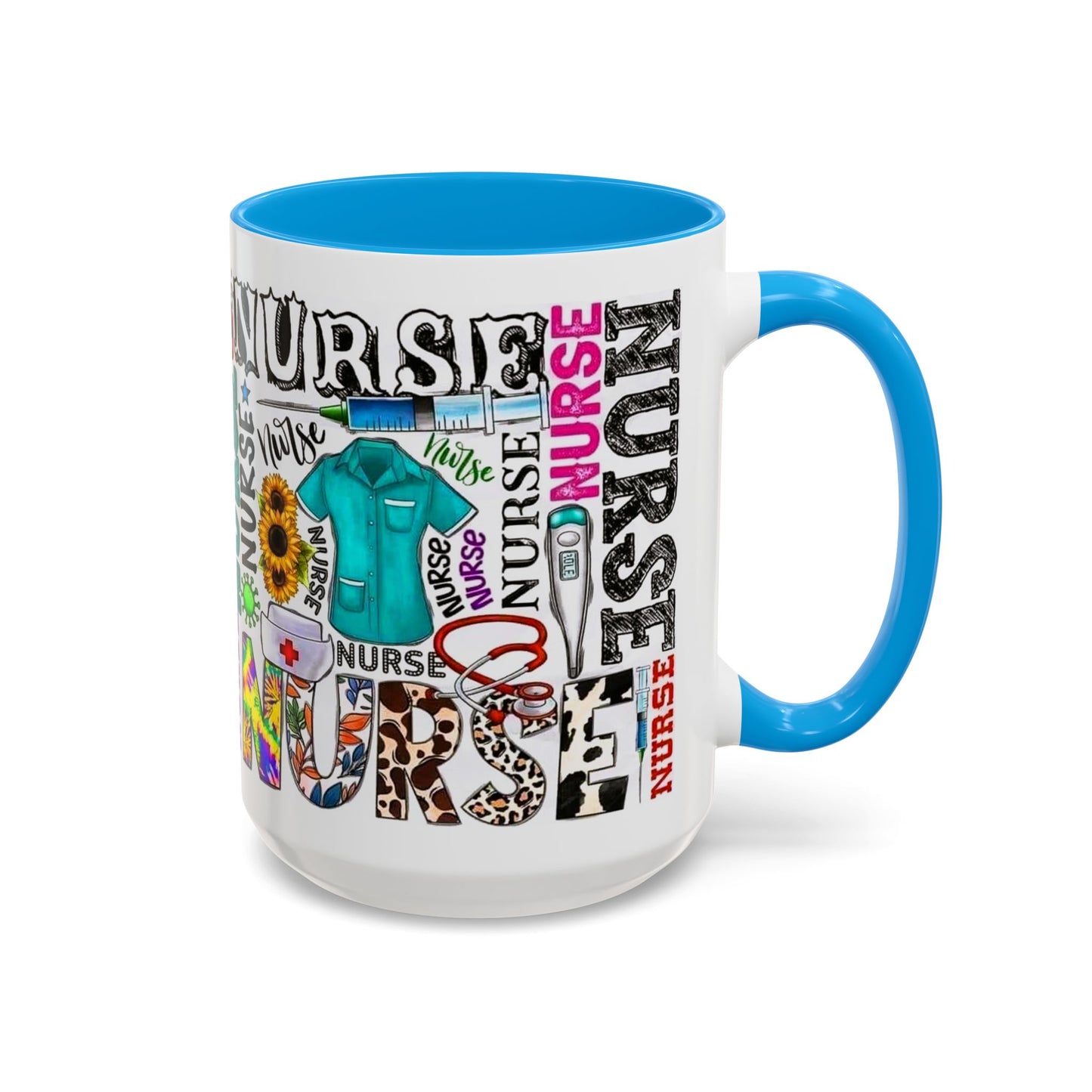 Colorful nurse coffee mug held by hands, ideal gift for nurse appreciation or nursing students.