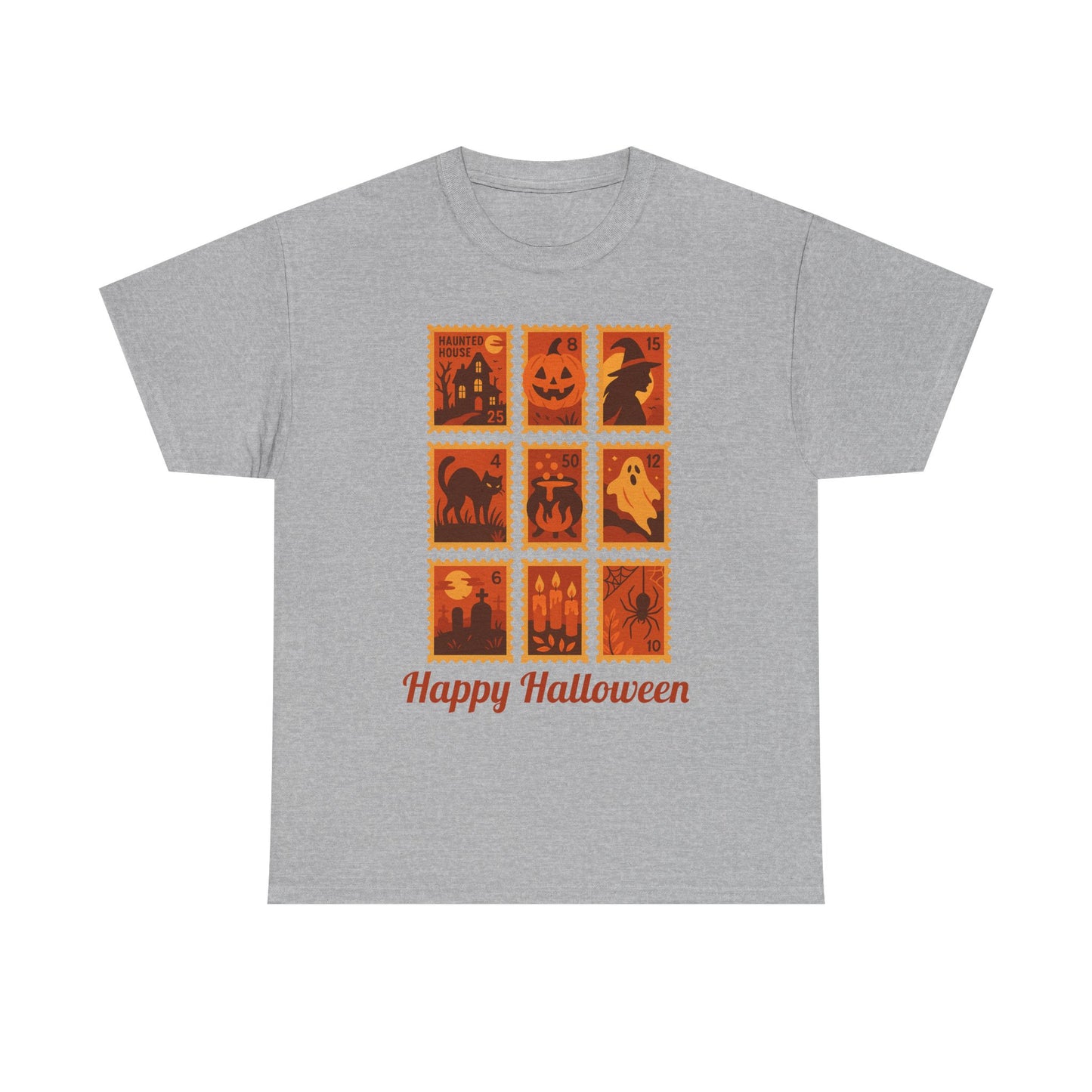  Halloween postage stamp t-shirt featuring spooky designs and 'Happy Halloween' text, perfect for fall fashion.