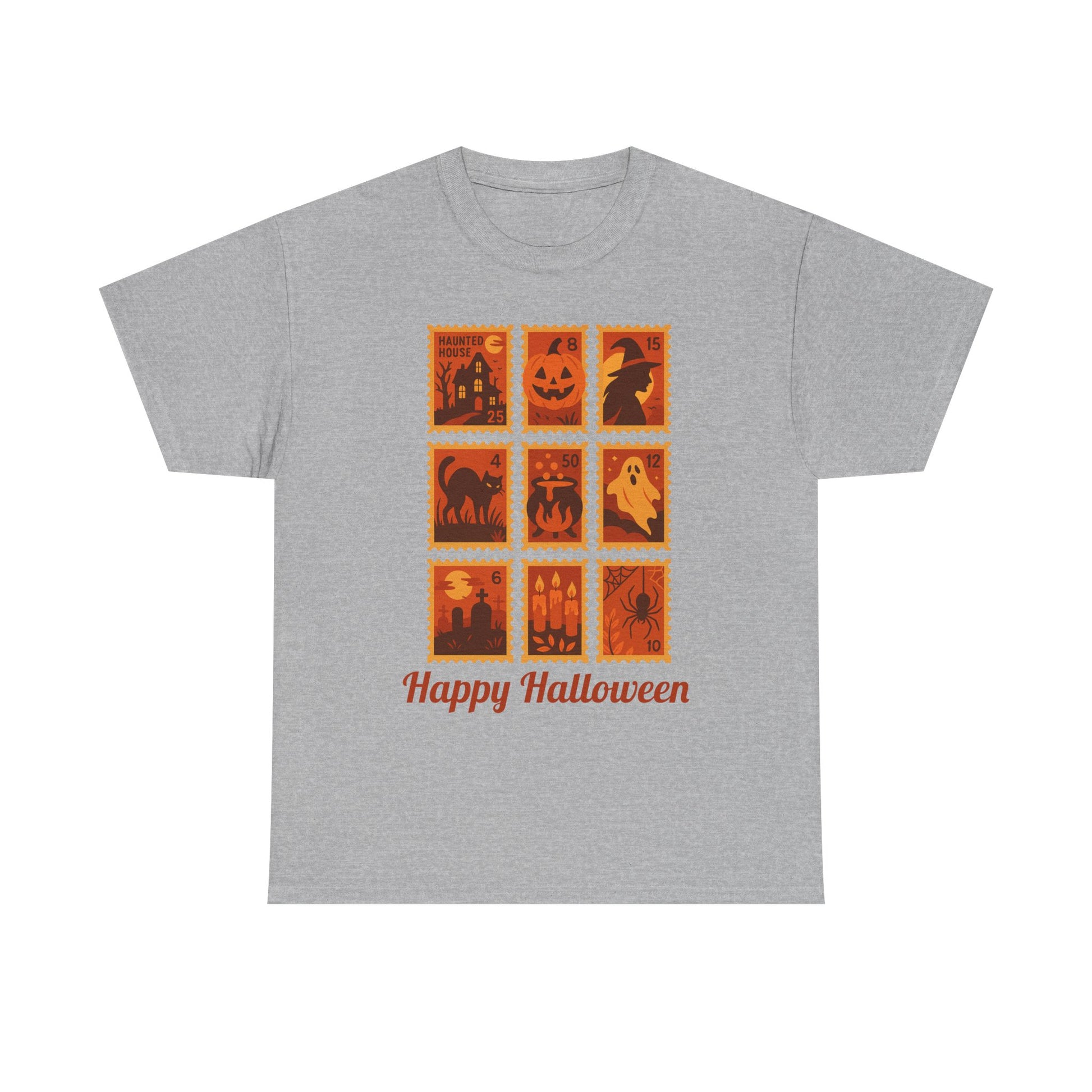  Halloween postage stamp t-shirt featuring spooky designs and 'Happy Halloween' text, perfect for fall fashion.