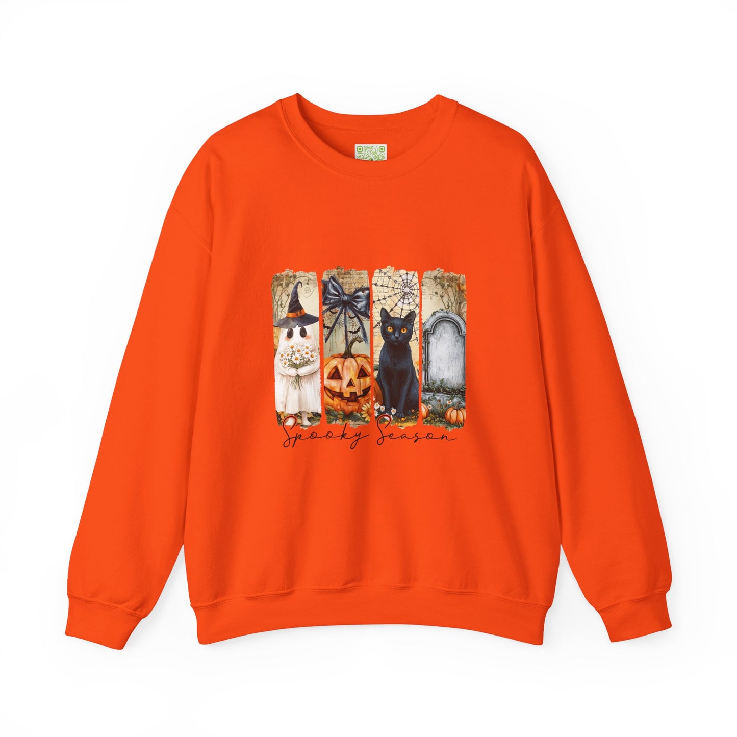 Spooky Season Sweatshirt in vibrant orange with Halloween graphics including a witch, pumpkin, and black cat.