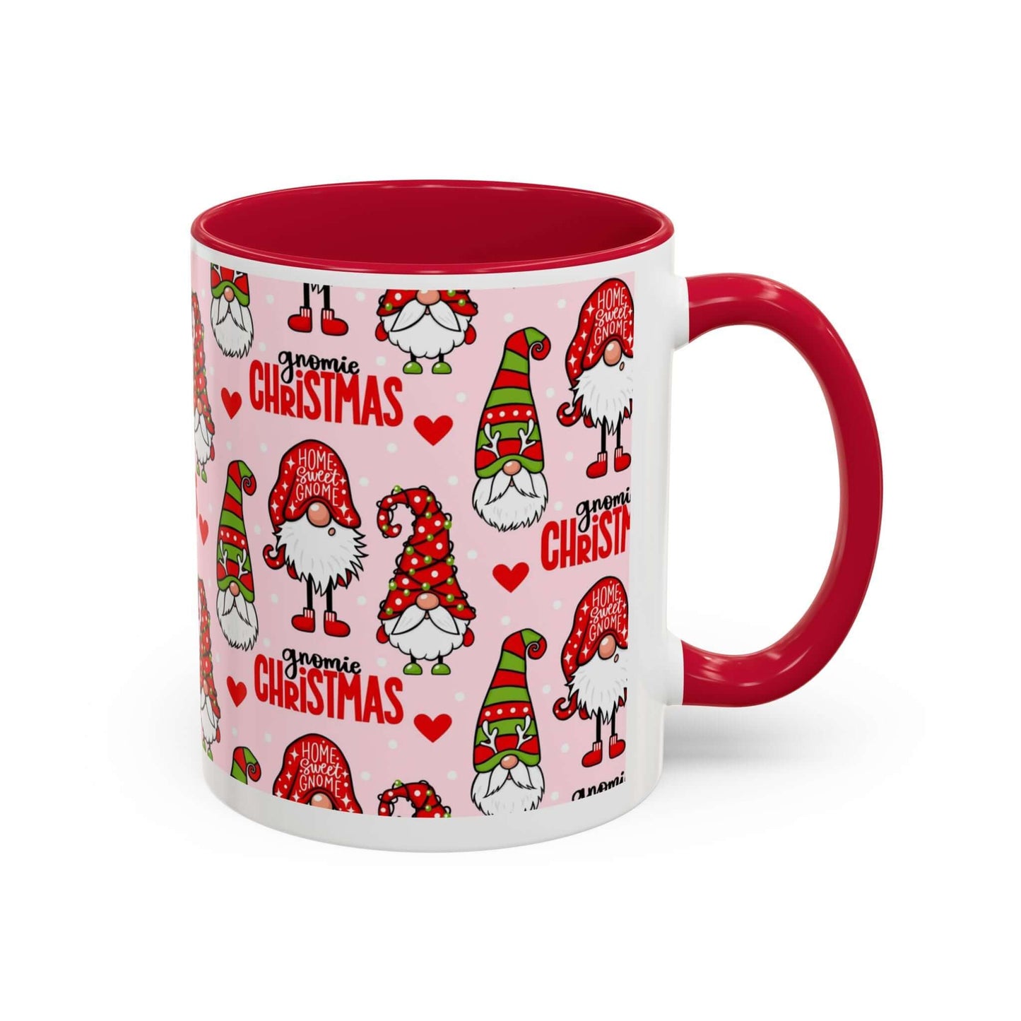 Festive Christmas gnome coffee mug with red interior, featuring playful gnomes on a pink background.