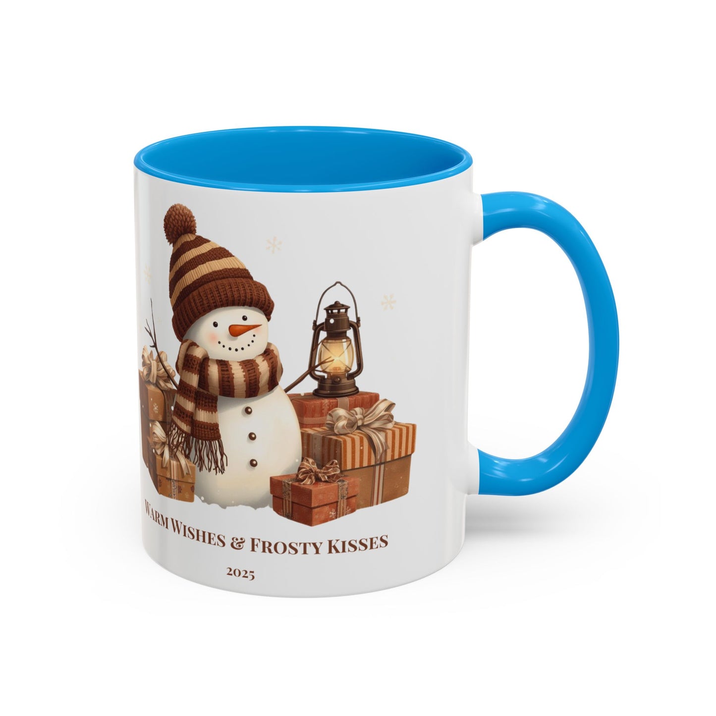 Snowman coffee mug featuring a festive design with gifts and the message 'Warm Wishes & Frosty Kisses'