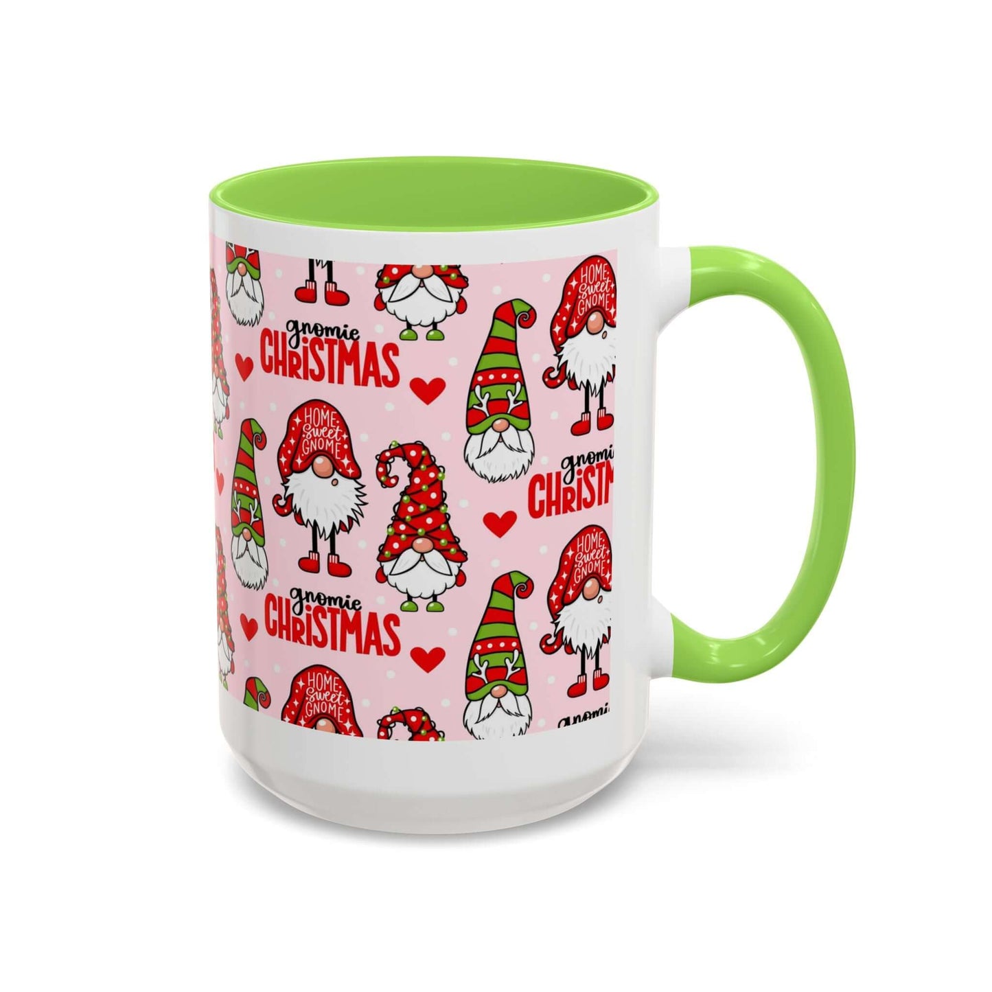 Festive Christmas gnome coffee mug with green handle and pink background, featuring whimsical gnome designs.
