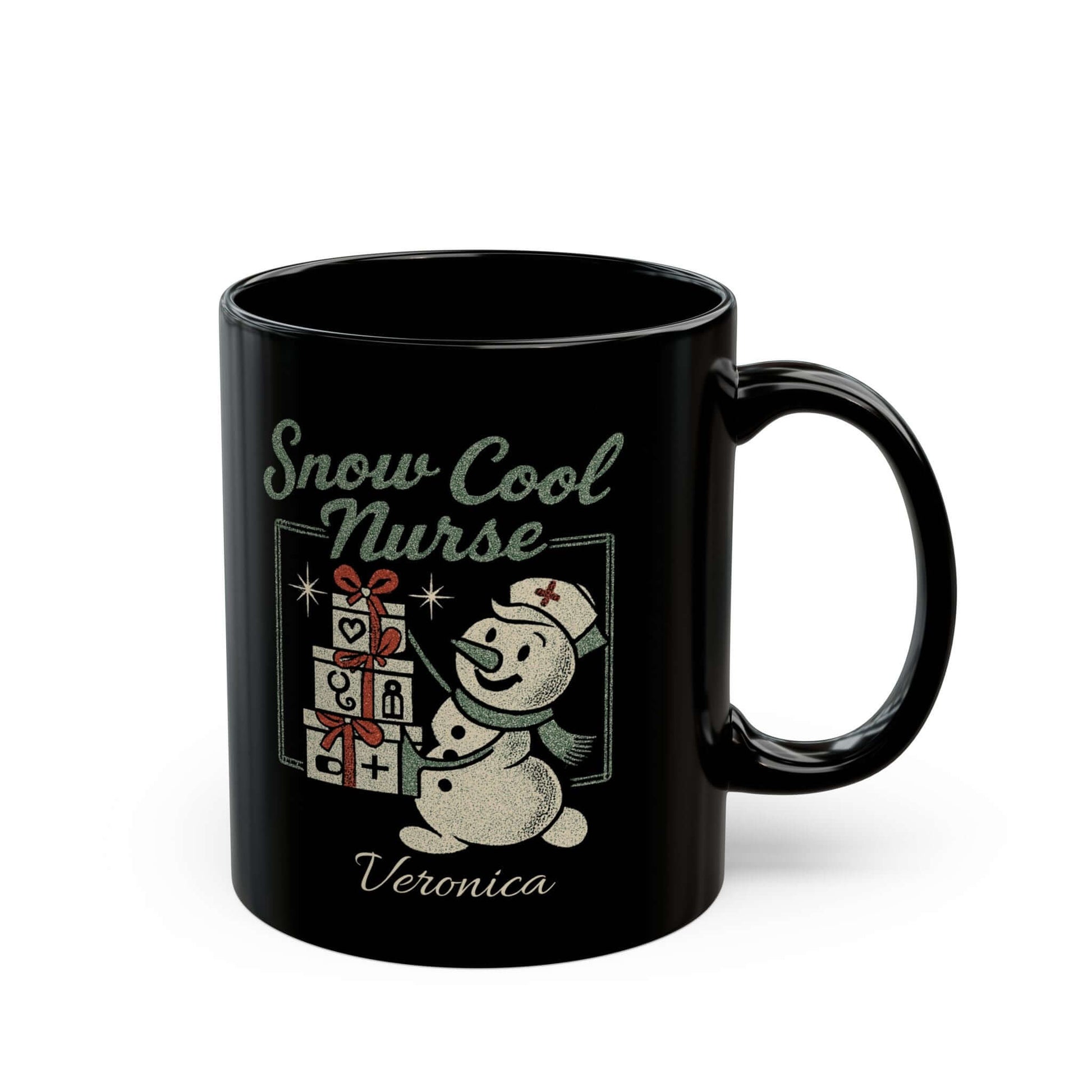 Customizable black mug featuring snowmen and the text 'Teachers Make the Season Shine' with holiday decorations.