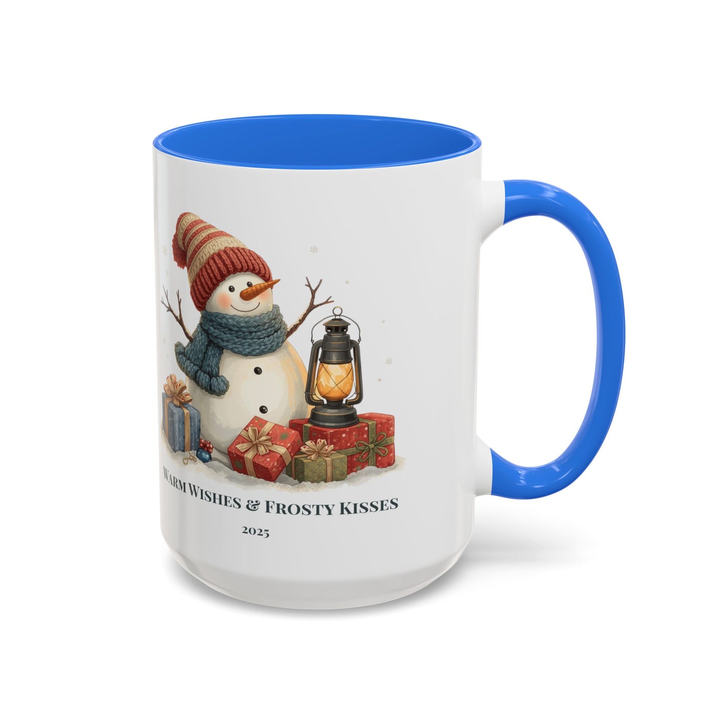 Snowman coffee mug with warm wishes and frosty kisses message, featuring a cheerful snowman and lantern design.