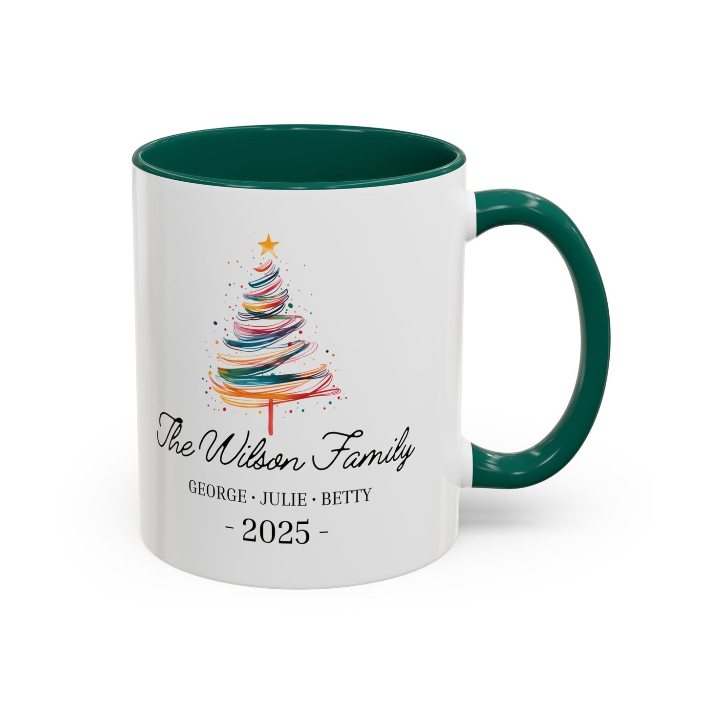 Personalized Family Christmas Mug, Custom Family Name Holiday Coffee Cup 2025, Colorful Christmas Tree Mug, Family Christmas Gift