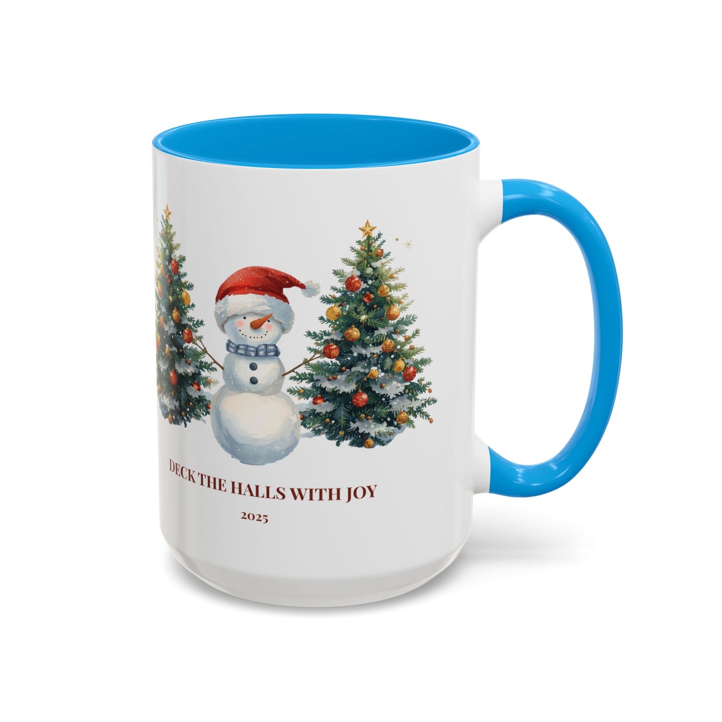 Festive snowman coffee mug featuring cheerful Christmas trees and a joyful holiday design.