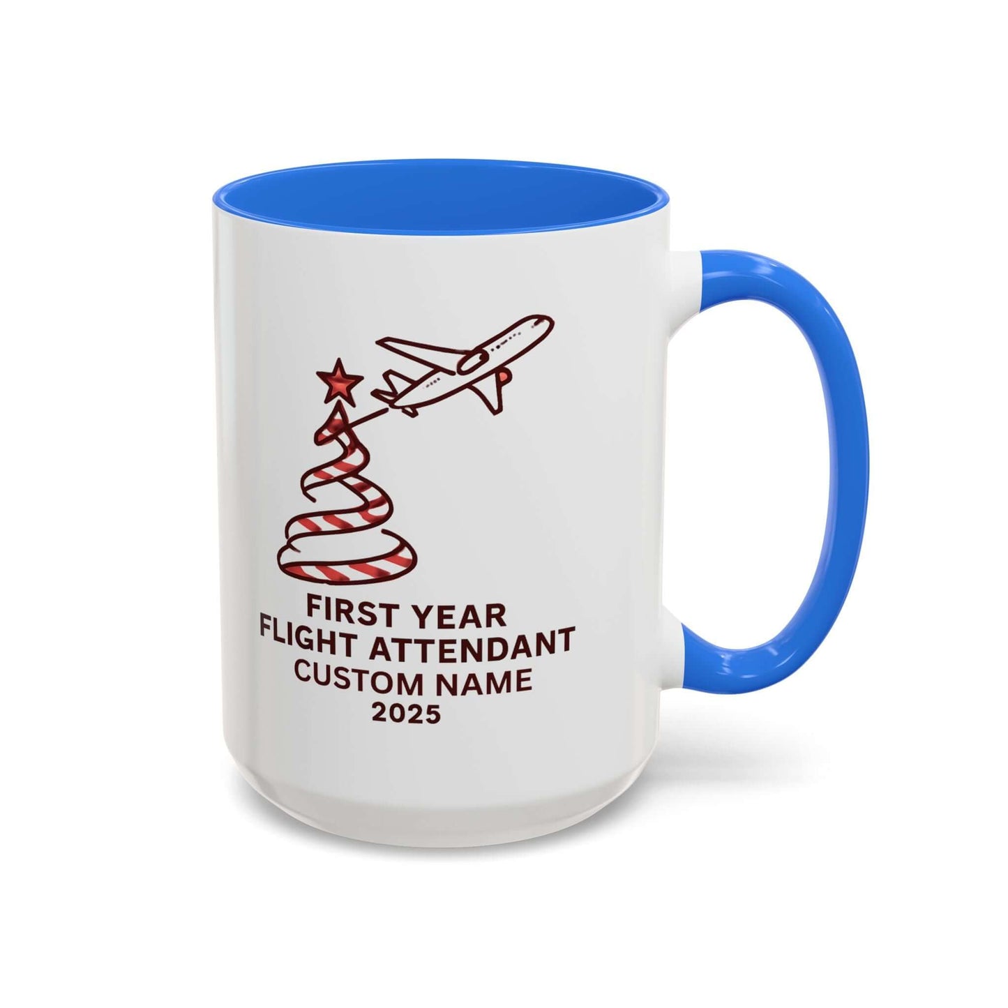 Custom first year flight attendant mugs with festive design, perfect for holiday keepsakes in aviation.