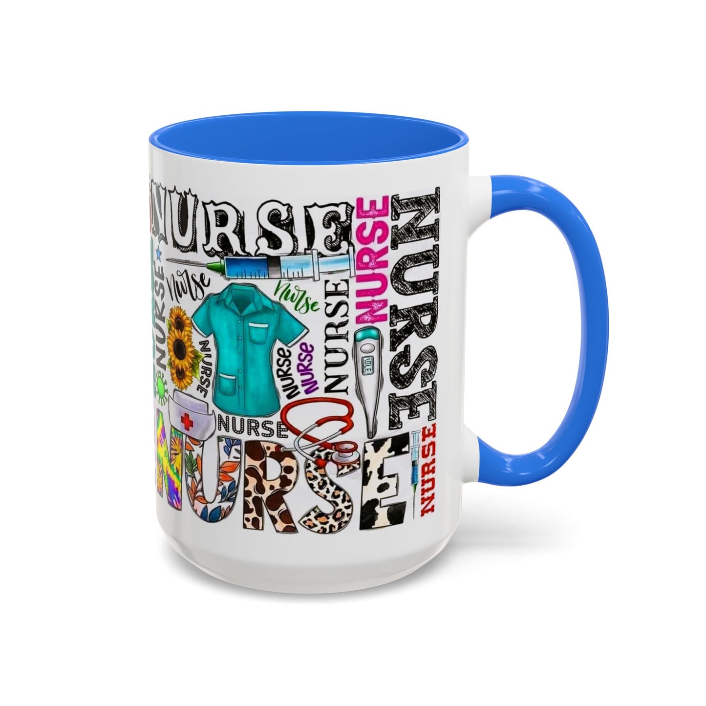 Colorful nurse coffee mug held by hands, ideal gift for nurse appreciation or nursing students.