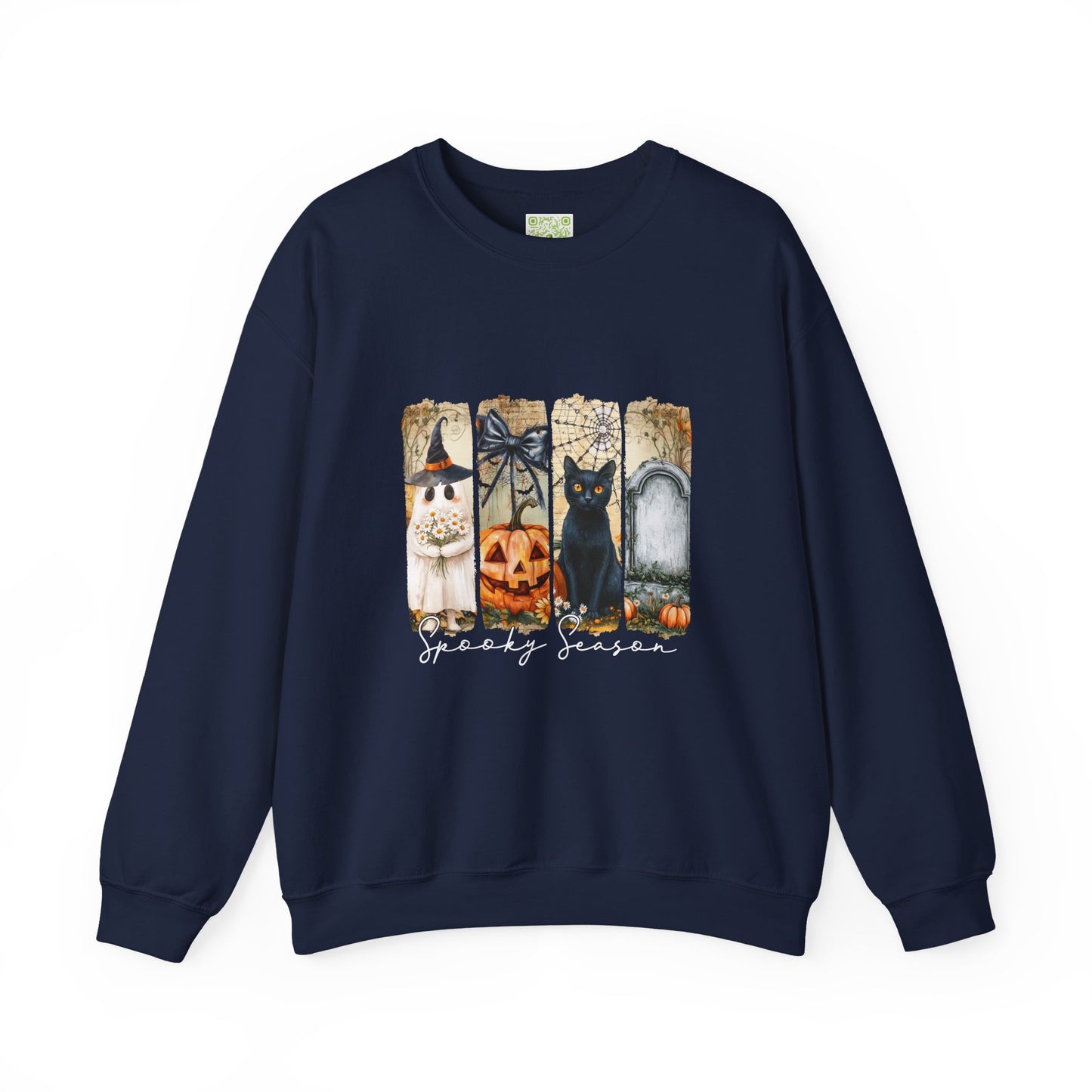 Spooky Season Crewneck Sweatshirt featuring Halloween graphics like a pumpkin, witch, cat, and ghost on a navy background.