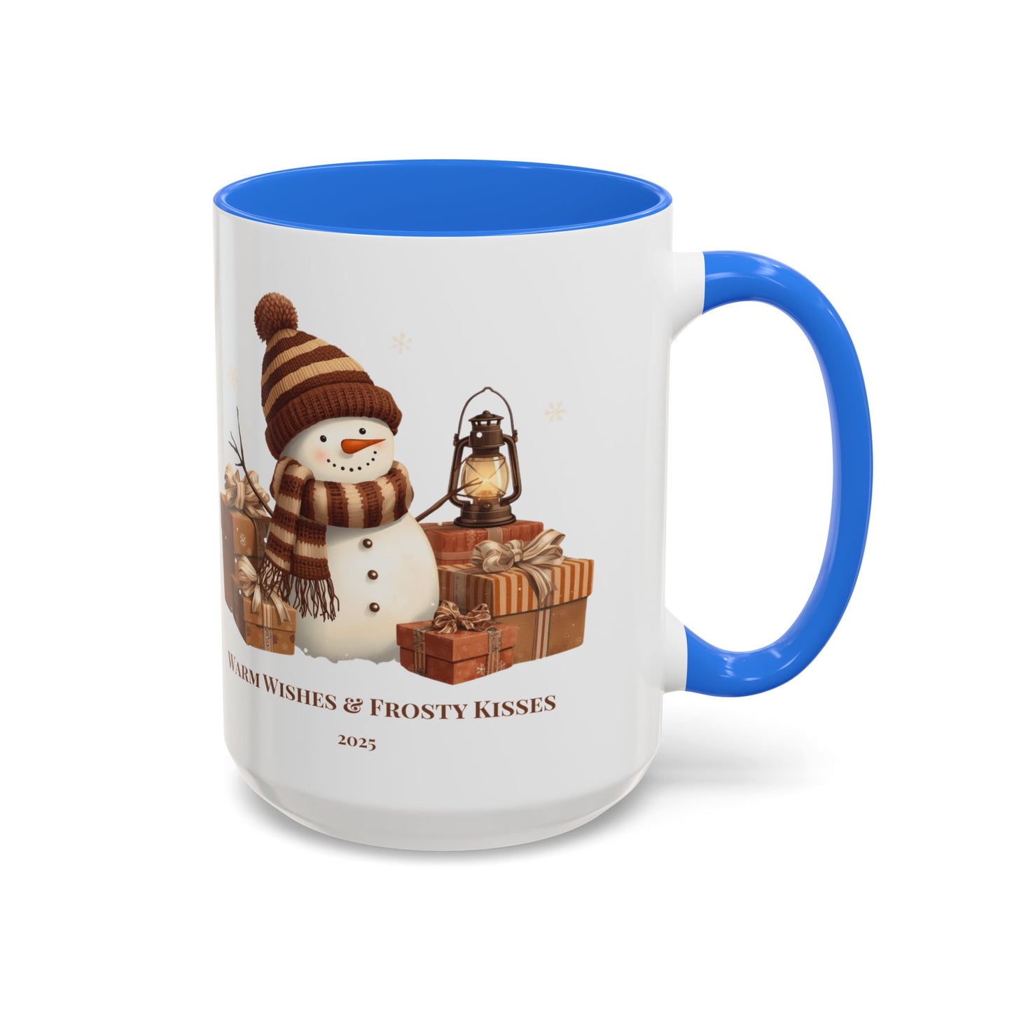Snowman coffee mug featuring a festive design with gifts and the message 'Warm Wishes & Frosty Kisses'