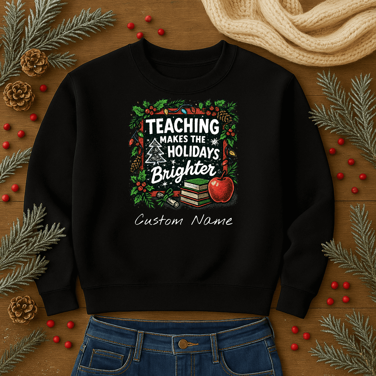 Personalized gray holiday sweatshirt with 'Teaching Makes the Holidays Brighter' design and custom name option.