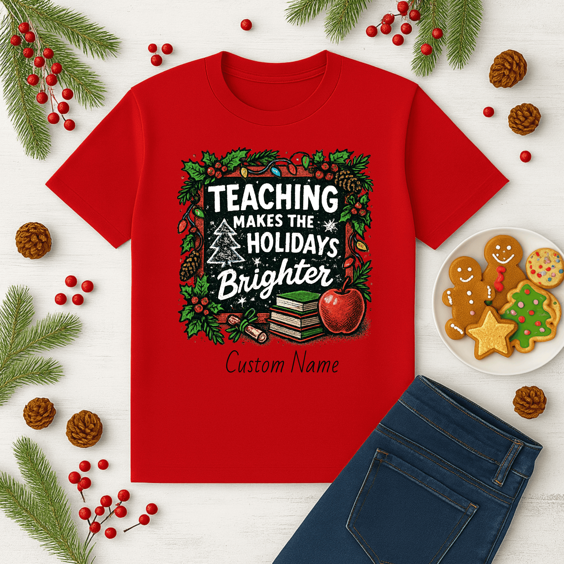 Personalized teacher holiday t-shirt in red with festive design and custom name. Perfect gift for teachers.