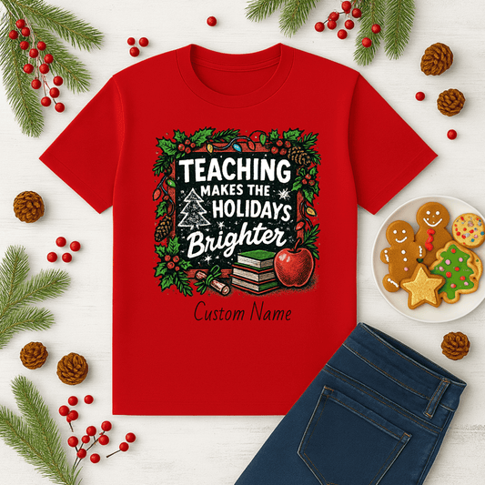 Personalized teacher holiday t-shirt in red with festive design and custom name. Perfect gift for teachers.