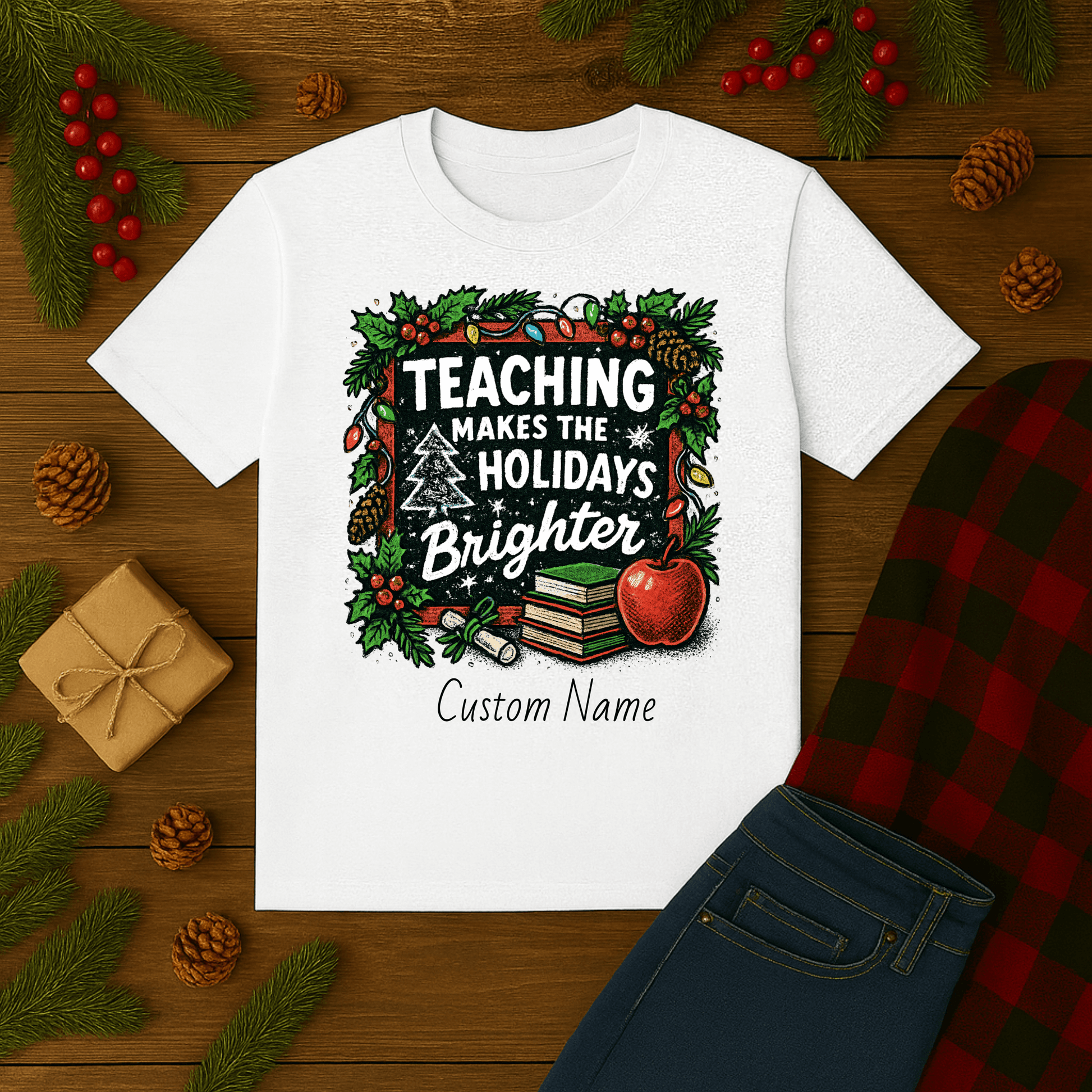 Personalized teacher holiday t-shirt in red with festive design and custom name. Perfect gift for teachers.