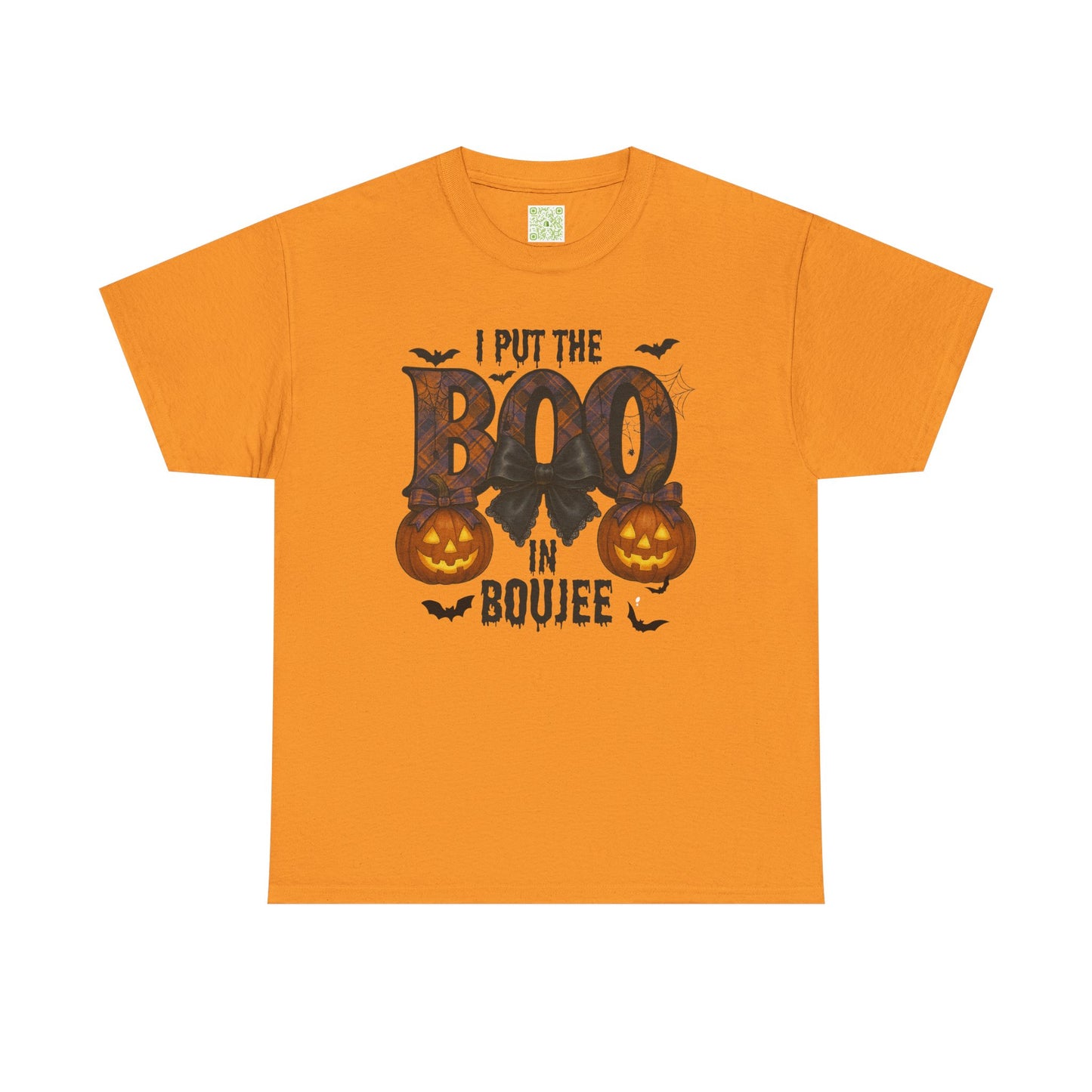 'Boo in Boujee' Halloween shirt in Texas Orange, showcasing a spooky graphic design and relaxed fit.