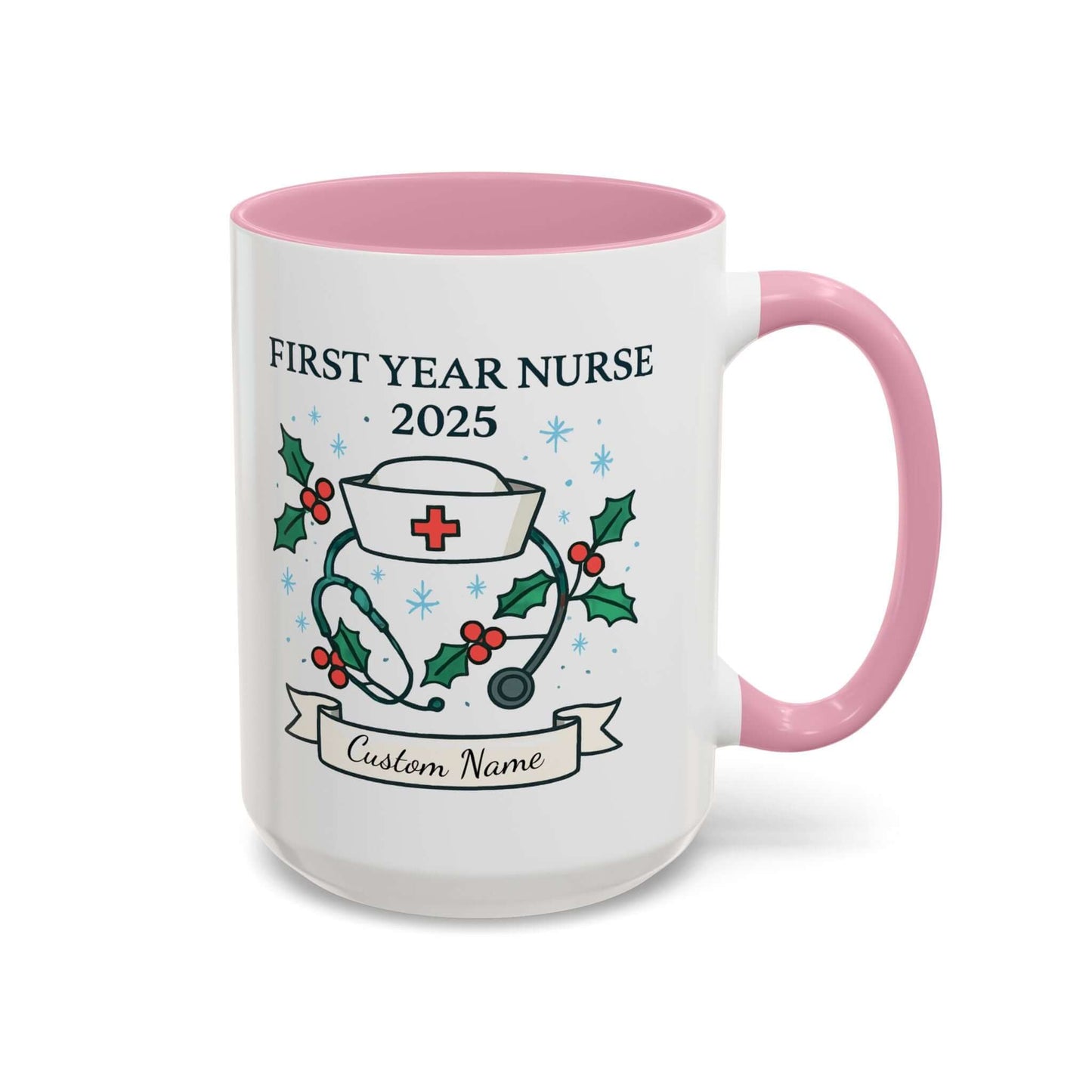 Personalized first year nurse mug with festive design and customizable name for 2025 graduation.
