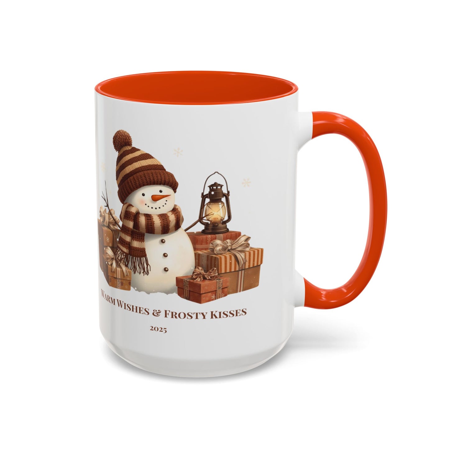 Snowman coffee mug featuring a festive design with gifts and the message 'Warm Wishes & Frosty Kisses'