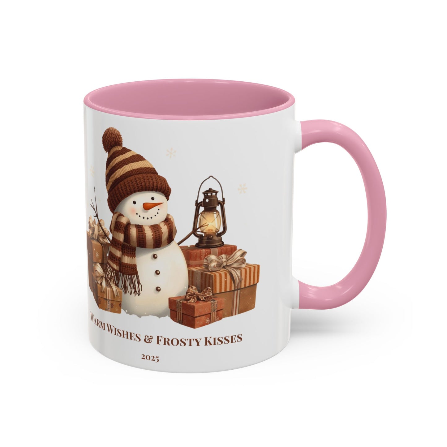 Snowman coffee mug featuring a festive design with gifts and the message 'Warm Wishes & Frosty Kisses'