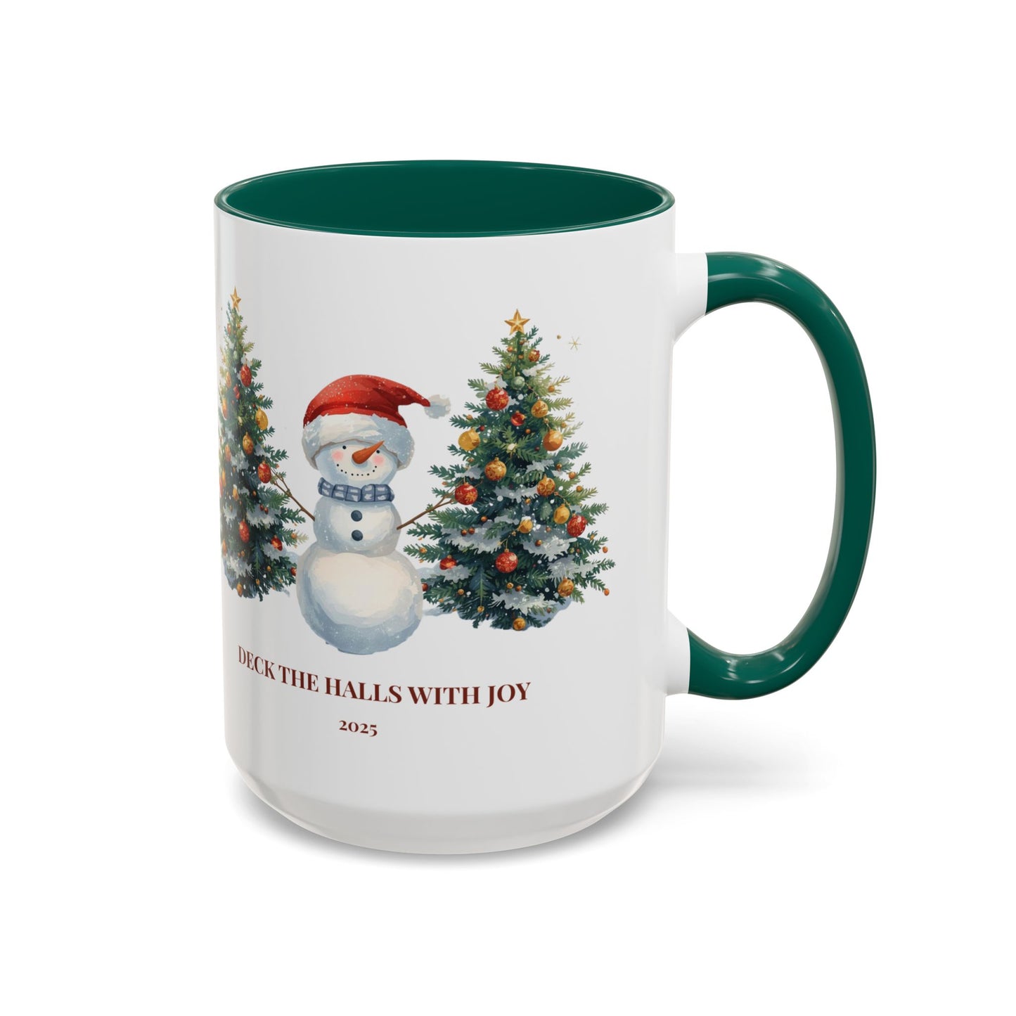 Festive snowman coffee mug featuring cheerful Christmas trees and a joyful holiday design.