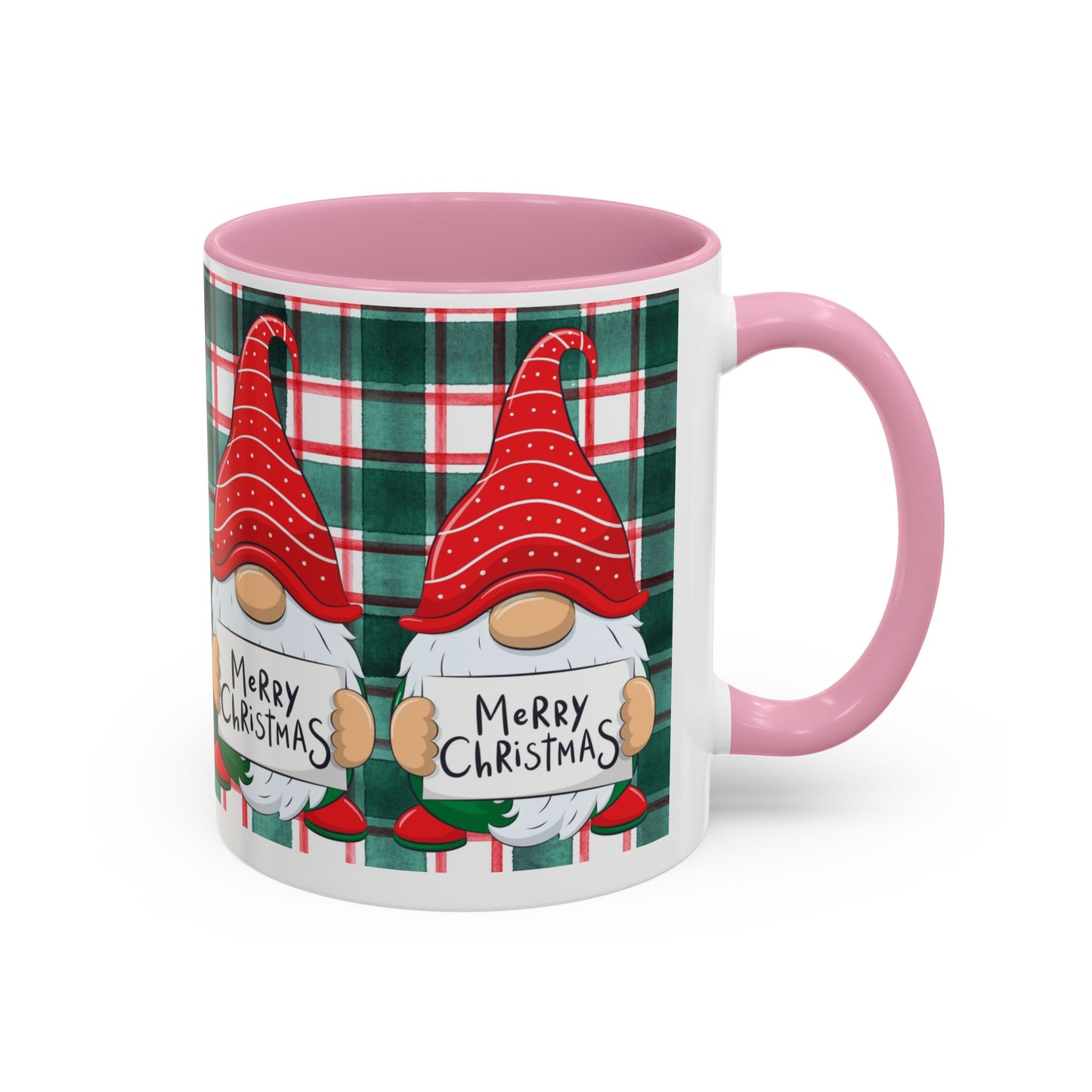Festive Christmas gnome mug with holiday design, featuring gnomes and a plaid background.