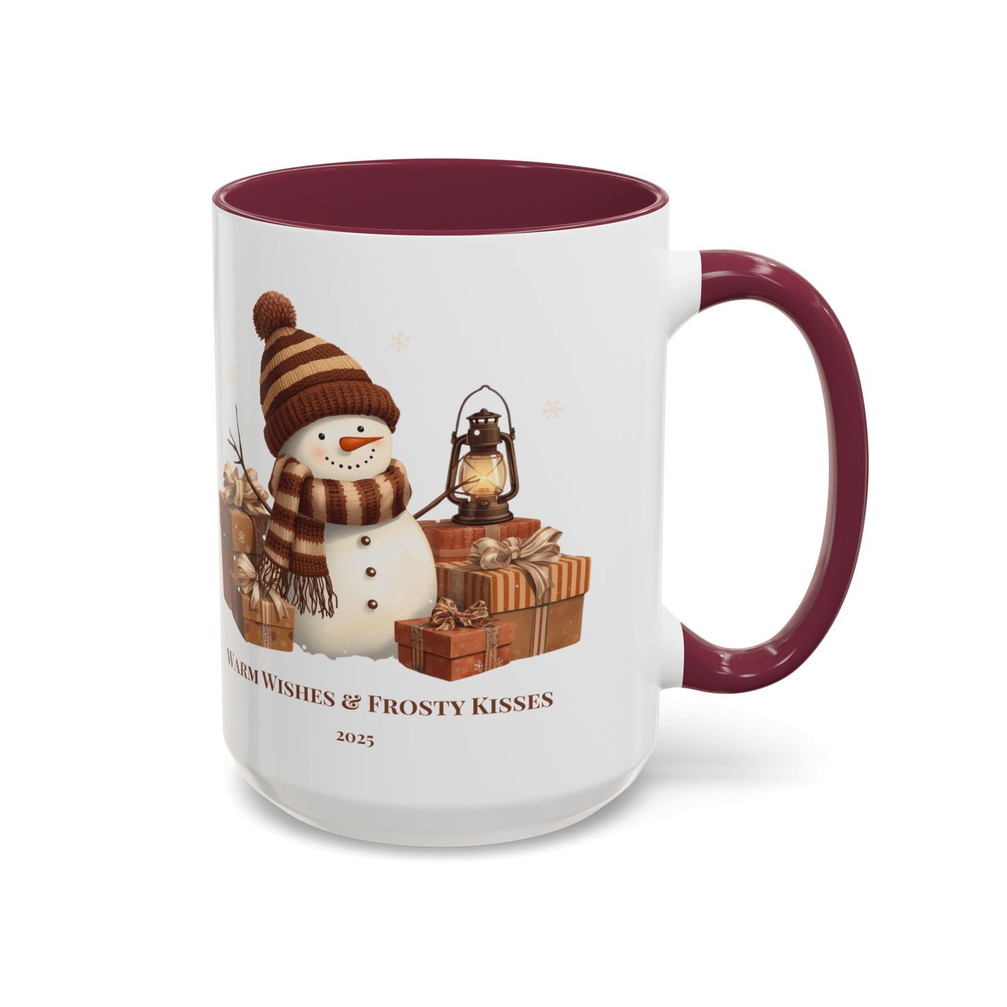 Snowman coffee mug featuring a festive design with gifts and the message 'Warm Wishes & Frosty Kisses'