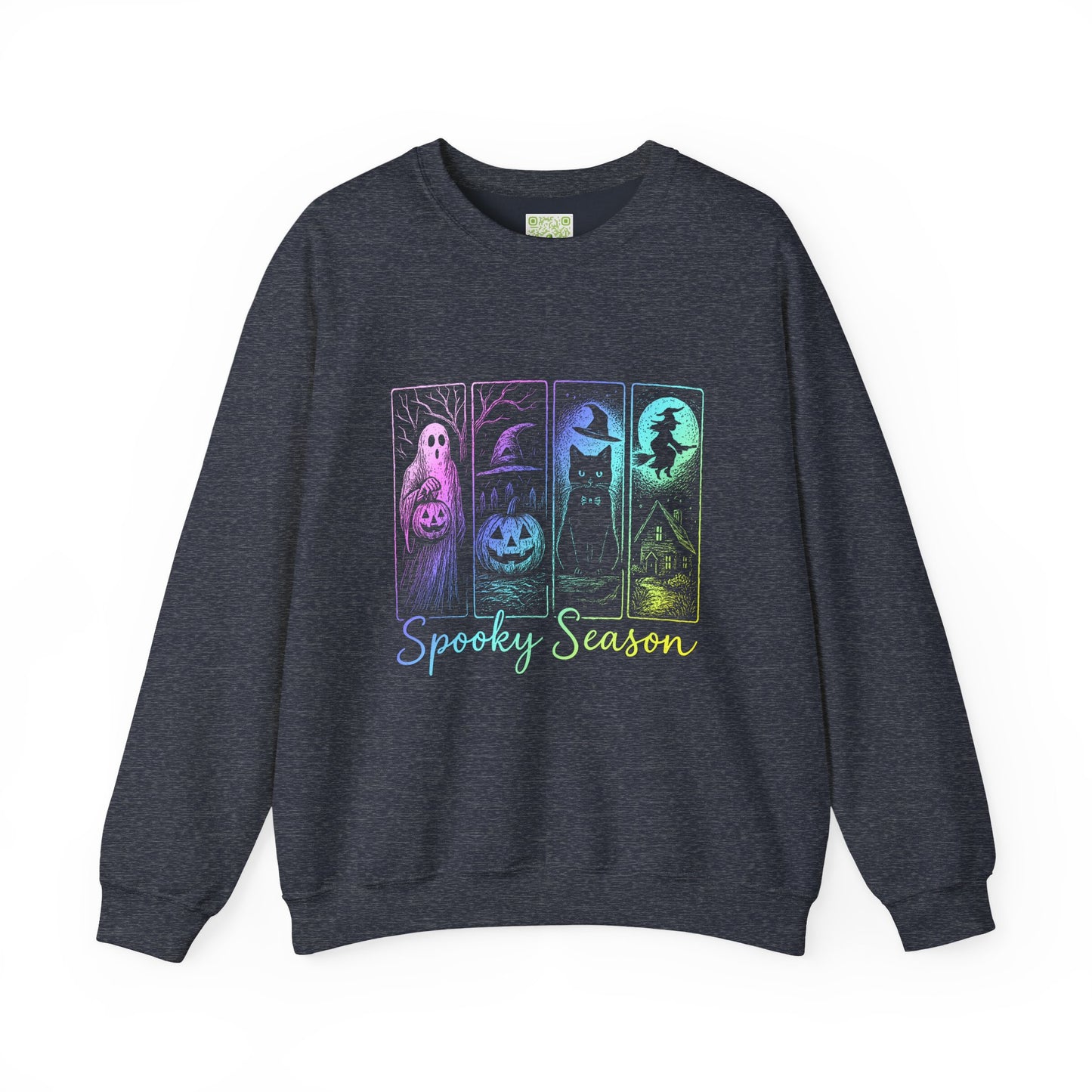 Cozy unisex Spooky Season sweatshirt featuring ghost, pumpkin, haunted house, and witch designs in vibrant colors.