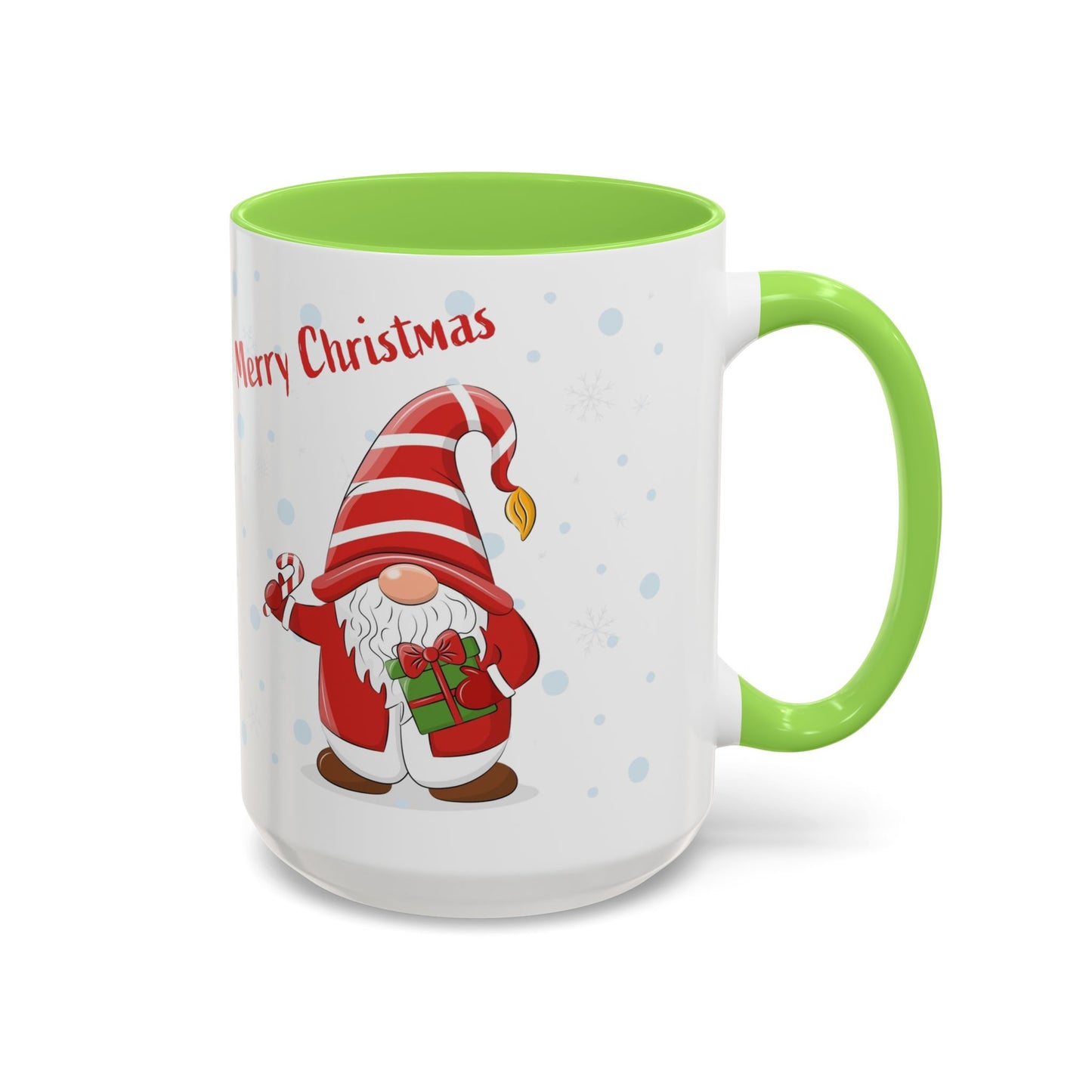 Merry Christmas gnome mug with candy cane and gift design, perfect for holiday beverages.