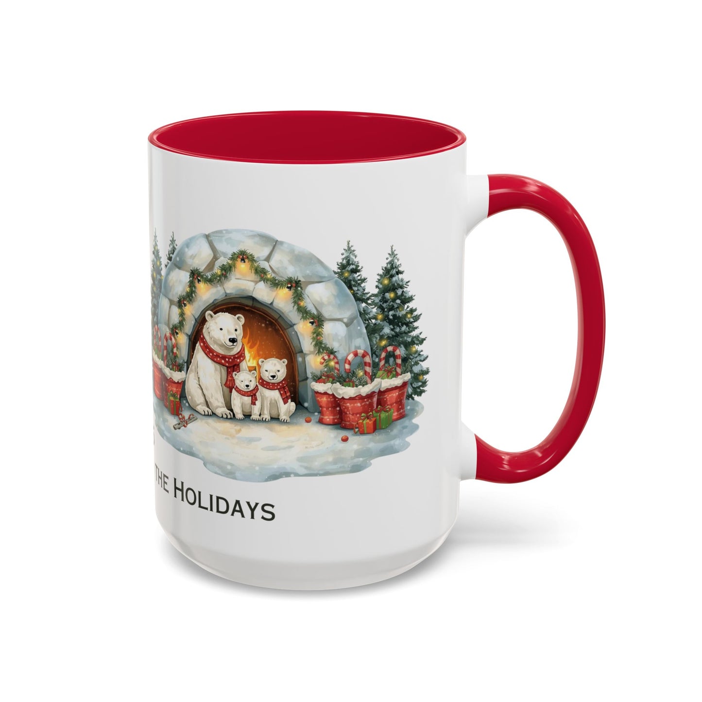 Polar Bear Christmas Mug featuring an igloo family scene with trees and holiday decorations.