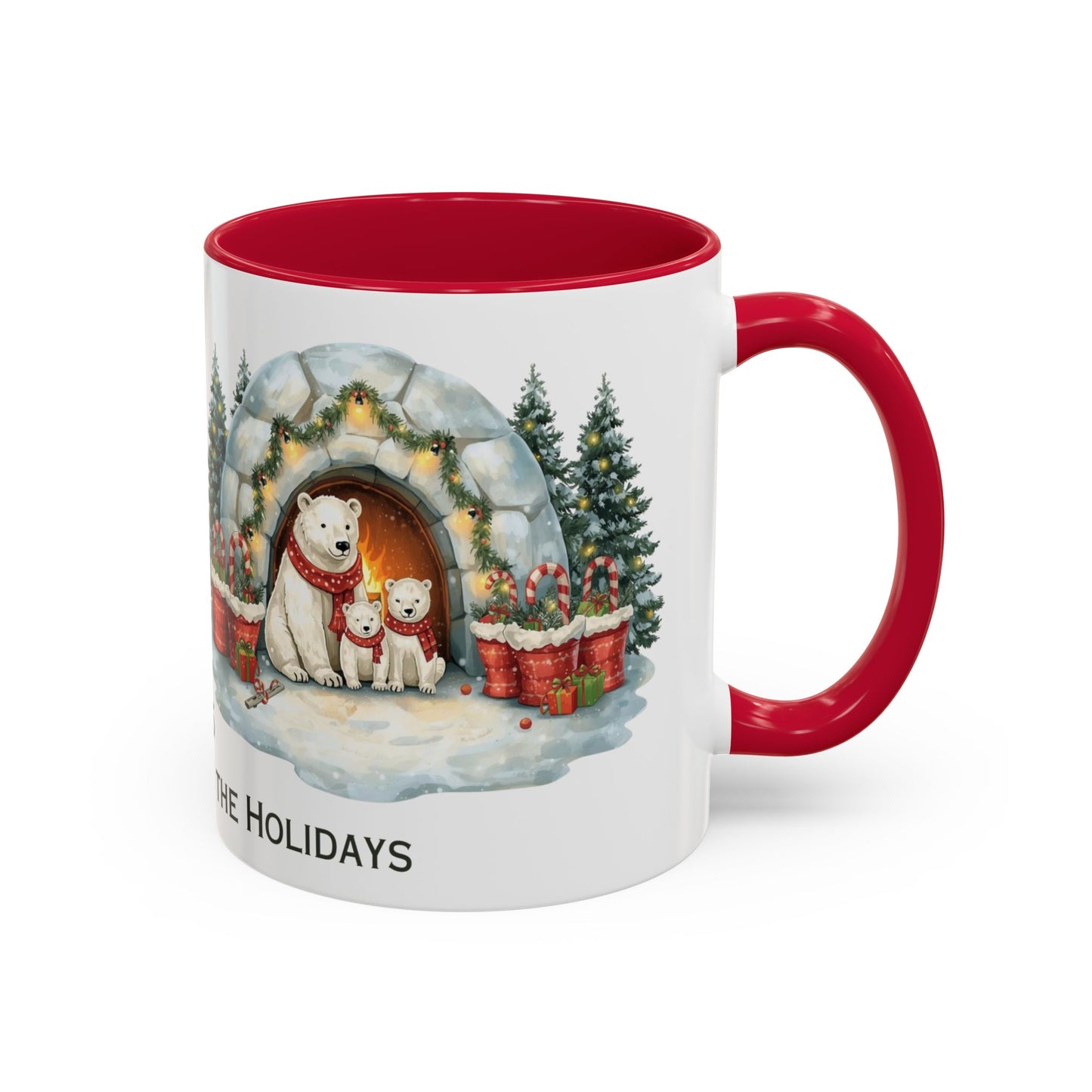 Polar Bear Christmas Mug featuring an igloo family scene with trees and holiday decorations.
