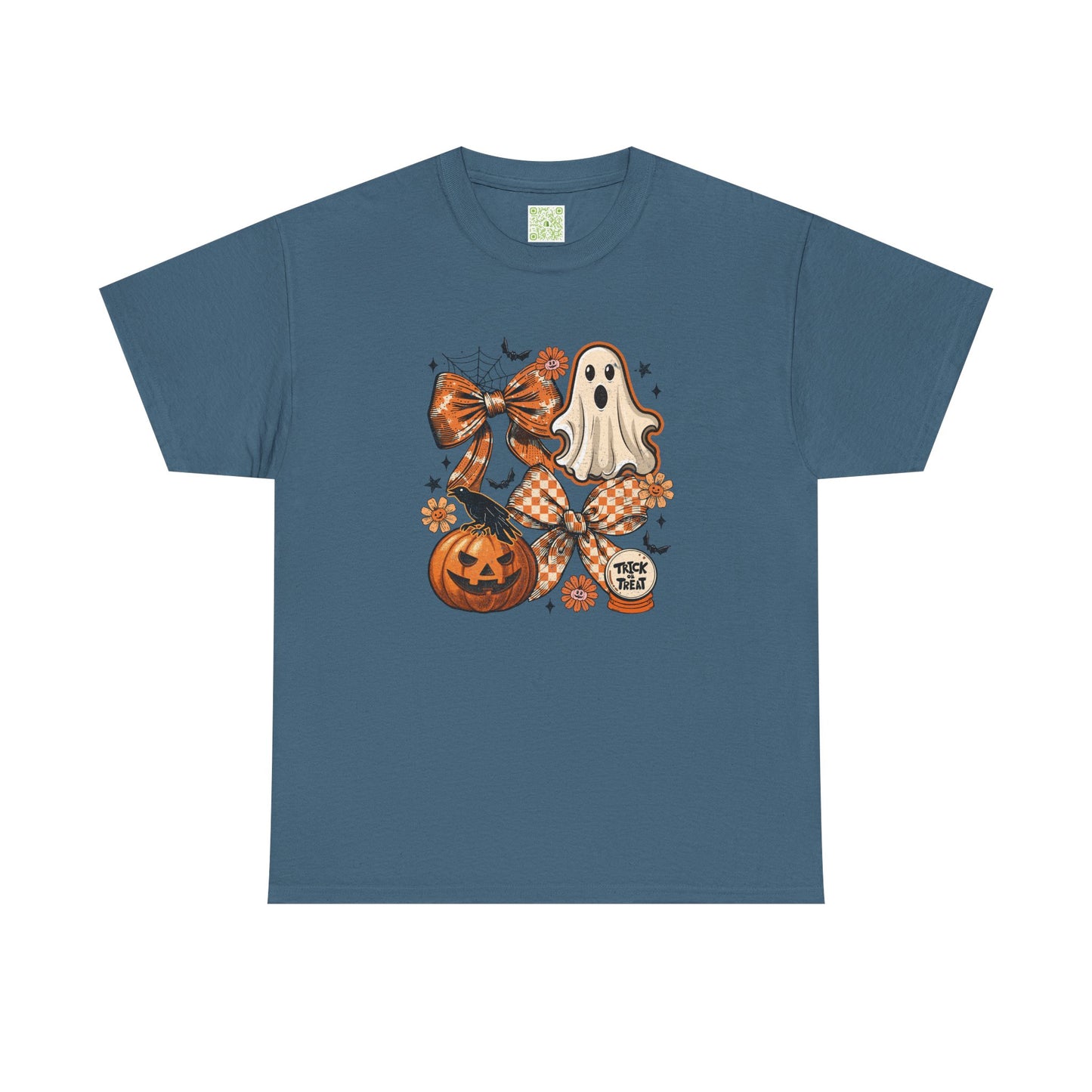 Vintage Coquette Halloween Tee featuring a ghost, pumpkin, and autumn elements on a blue t-shirt.