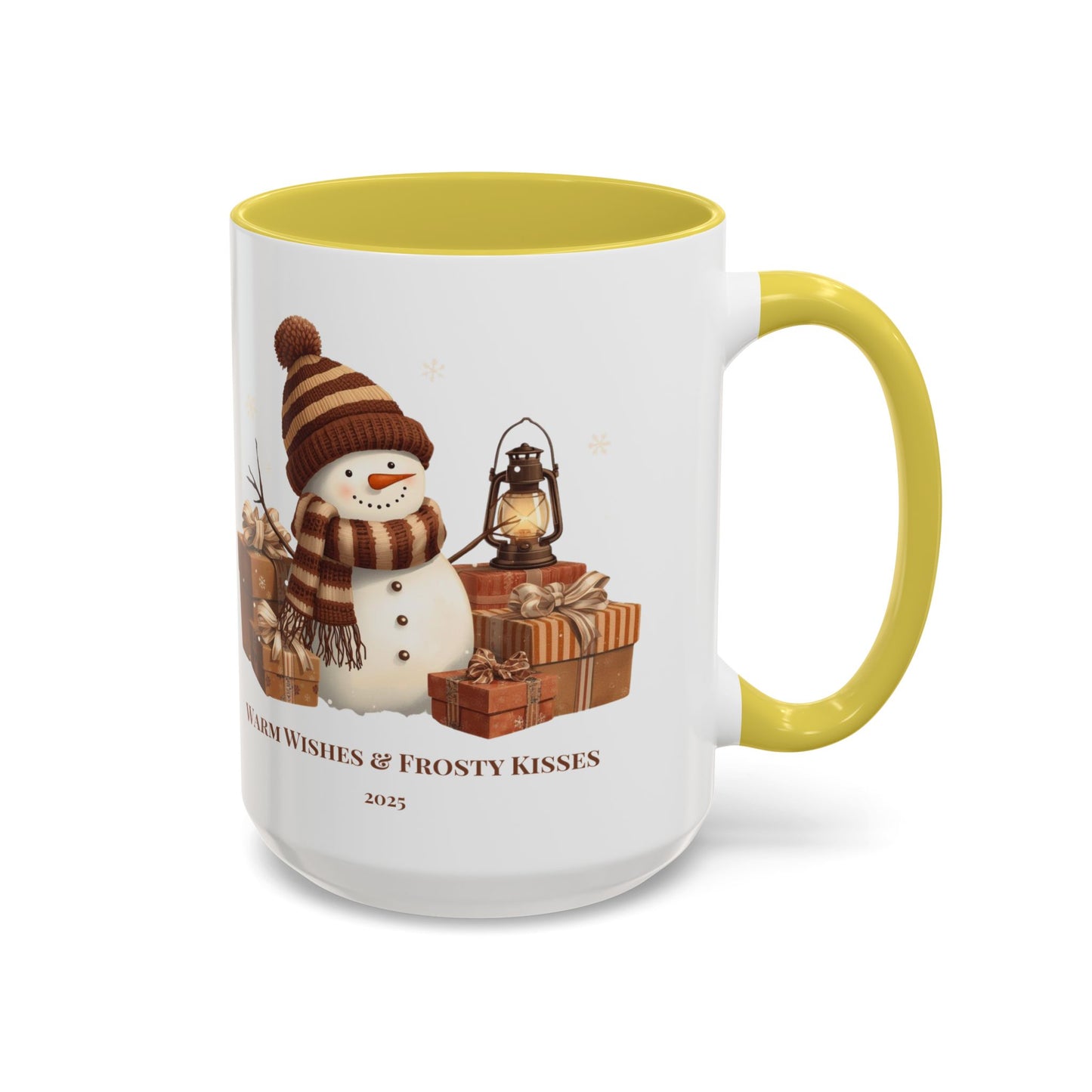 Snowman coffee mug featuring a festive design with gifts and the message 'Warm Wishes & Frosty Kisses'