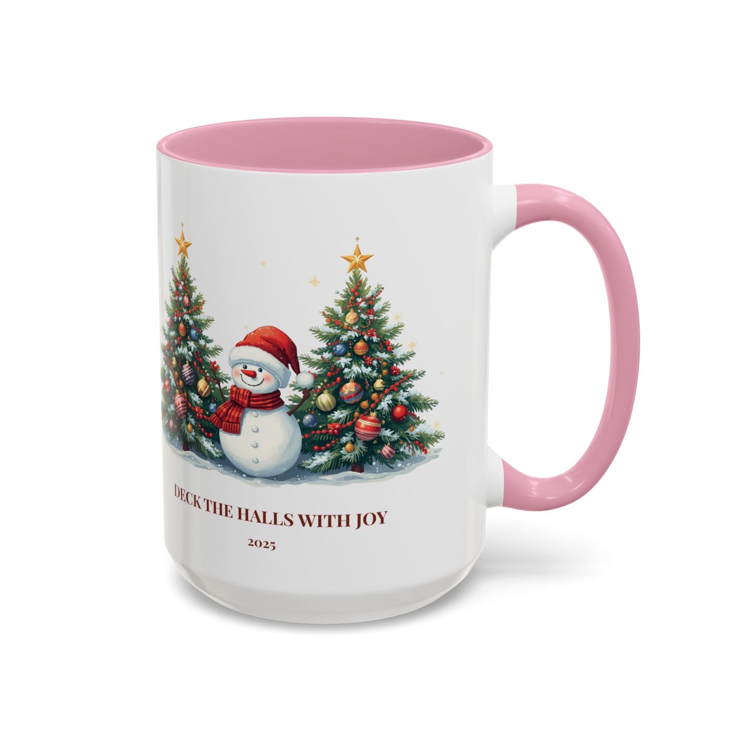 Christmas snowman mug with festive tree design, perfect for holiday drinks and cozy moments.