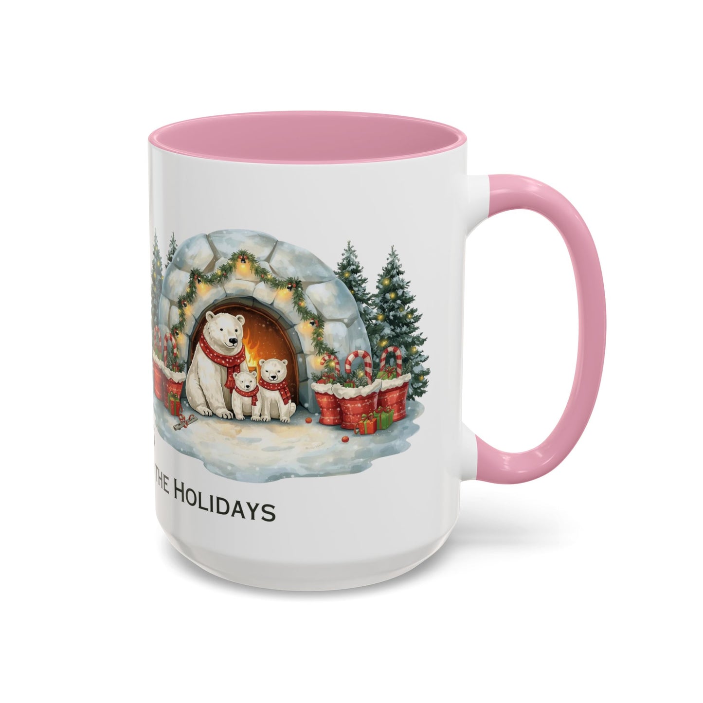 Polar Bear Christmas Mug featuring an igloo family scene with trees and holiday decorations.