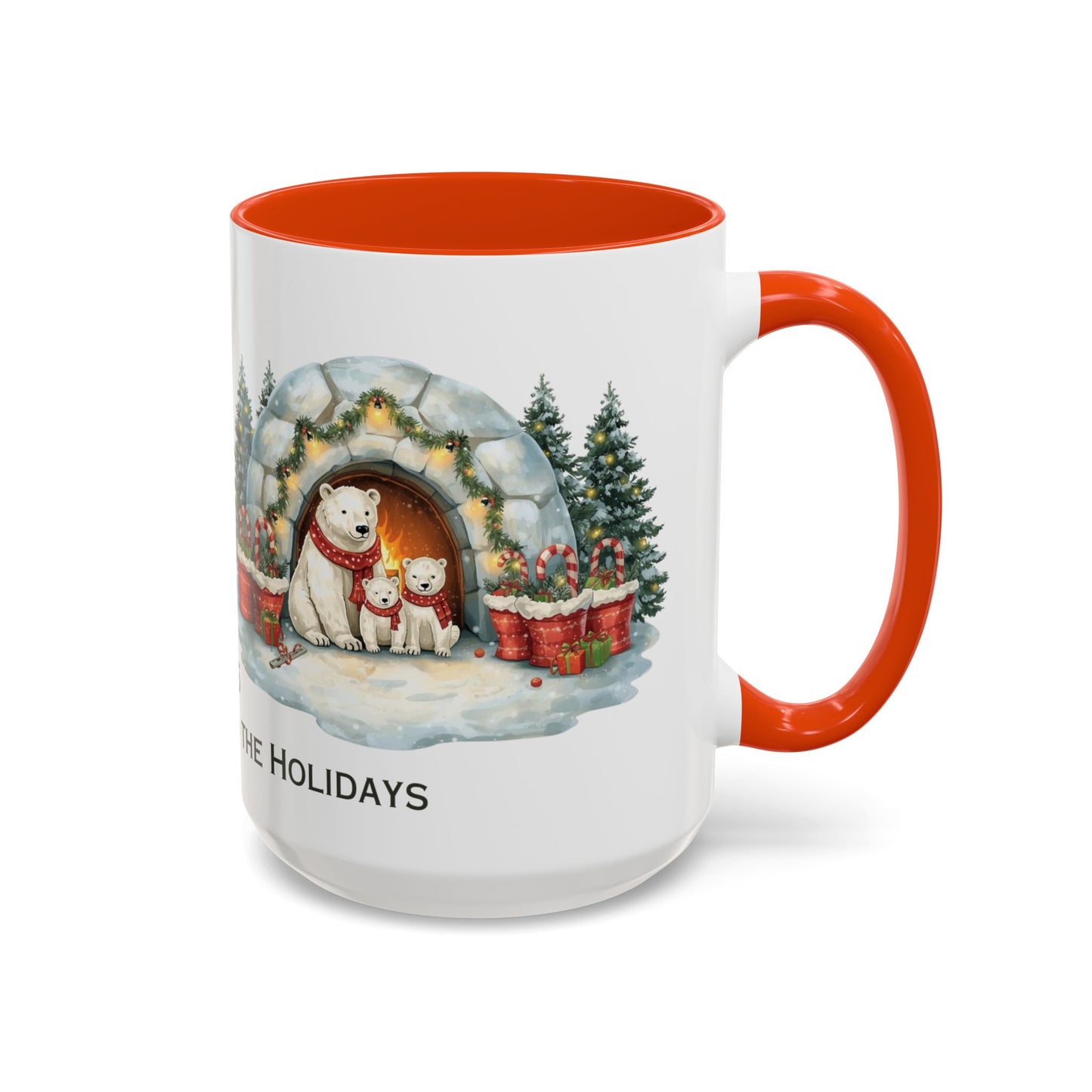 Polar Bear Christmas Mug featuring an igloo family scene with trees and holiday decorations.
